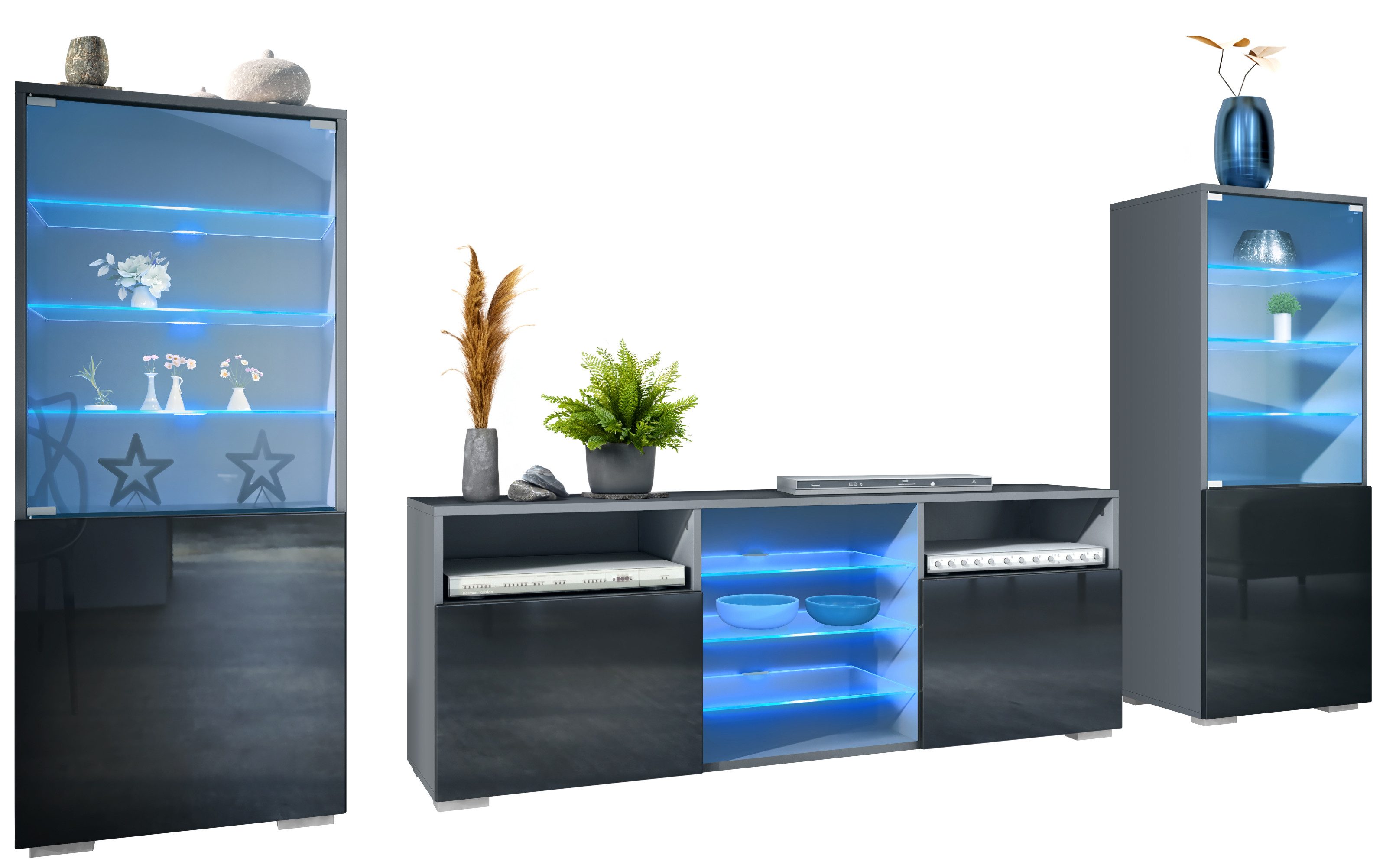Vladon Wohnwand Granada, (Anbauwand, bestehend aus 2 Vitrinen, 1 TV-Board und LED-Beleuchtung), Anthrazit matt/Schwarz Hochglanz (286 x 122,5 x 35 cm)