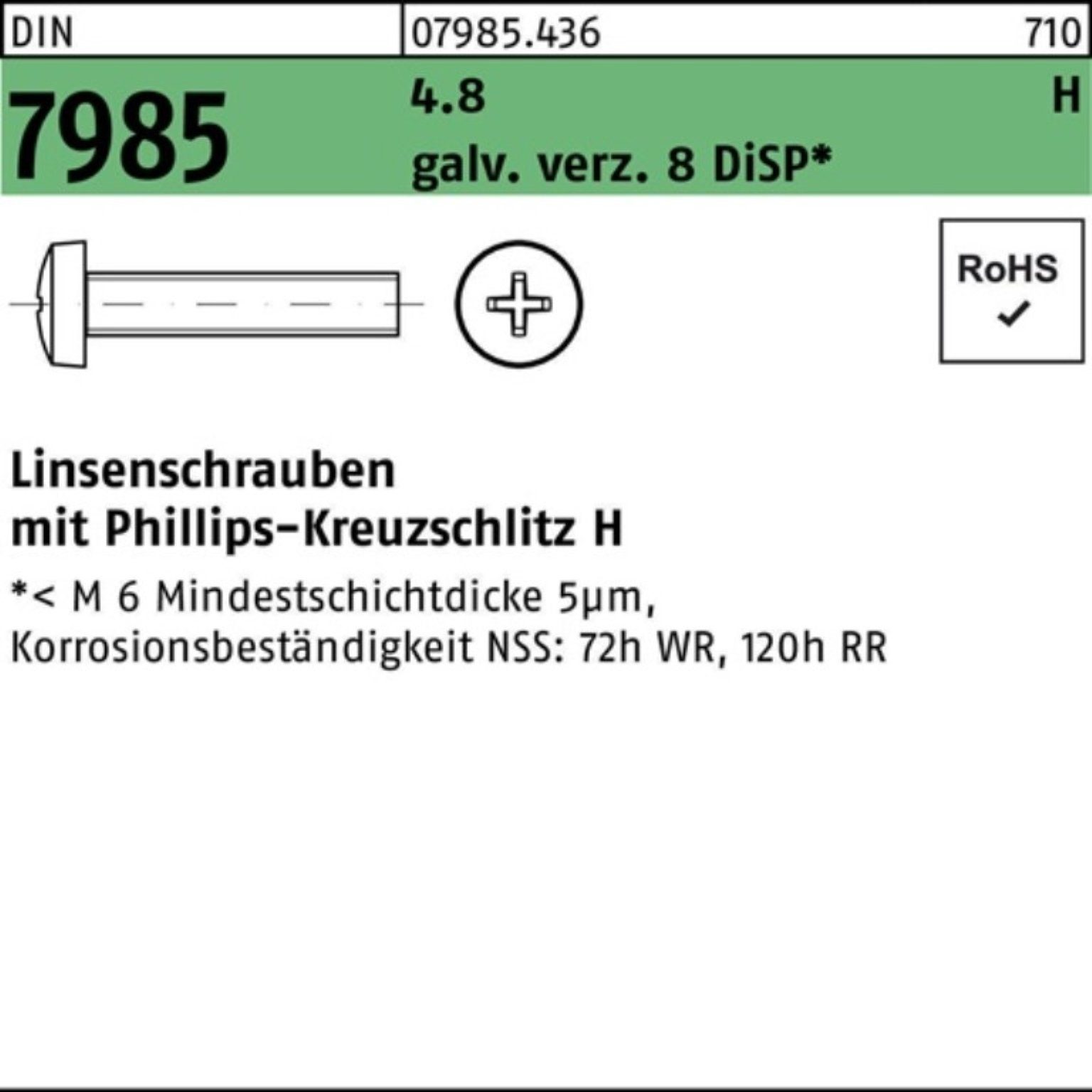 Reyher Linsenschraube 500er Pack Linsenschraube DIN 7985 PH M6x25-H 4.8 galv.verz. 8 DiSP 50