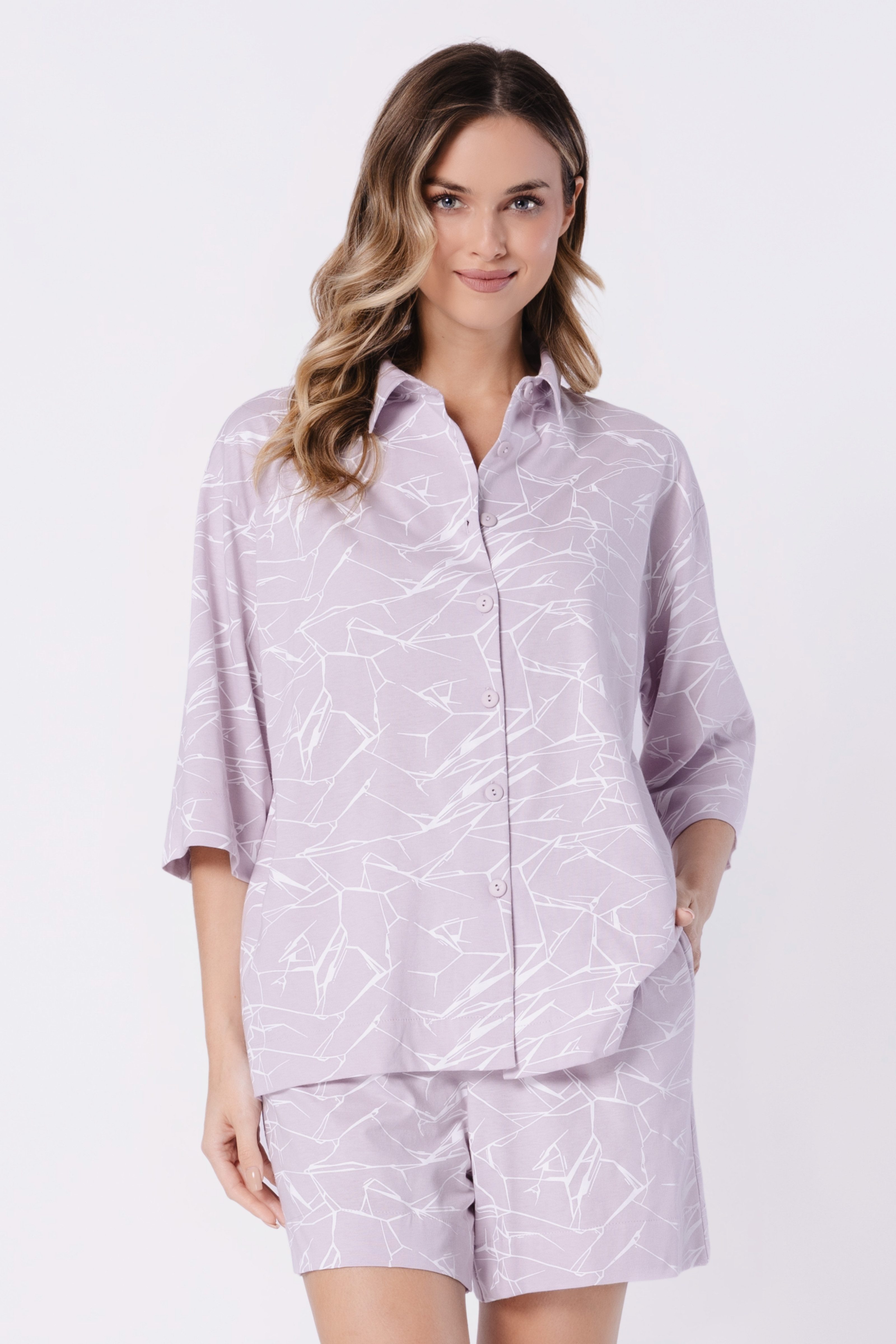 COOLISMO NIGHTWEAR Shorty Sommer Schlafanzug Damen, weich & bequem, Lavendel Allover Print (2 tlg) Damen Pyjama Baumwolle kurz geknöpft