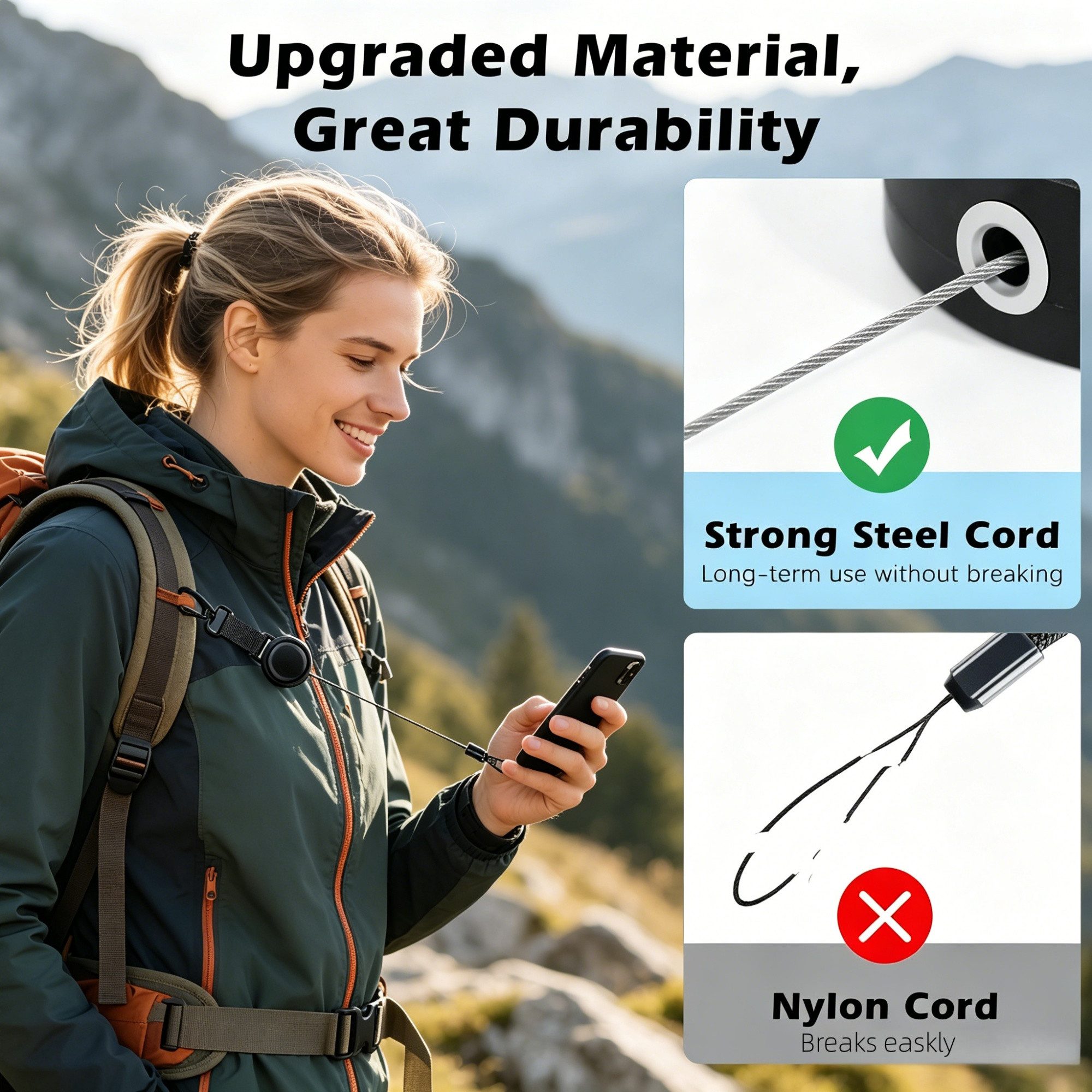 ibettertec Handykette Einziehbares Handy-Sicherungsband, Einziehbarer Umhängeband mit Diebstahlschutz und Metallhaken und 360°-Metallhalterung, Handy-Umhängeband für Outdoor wie Wandern, Klettern und Angeln