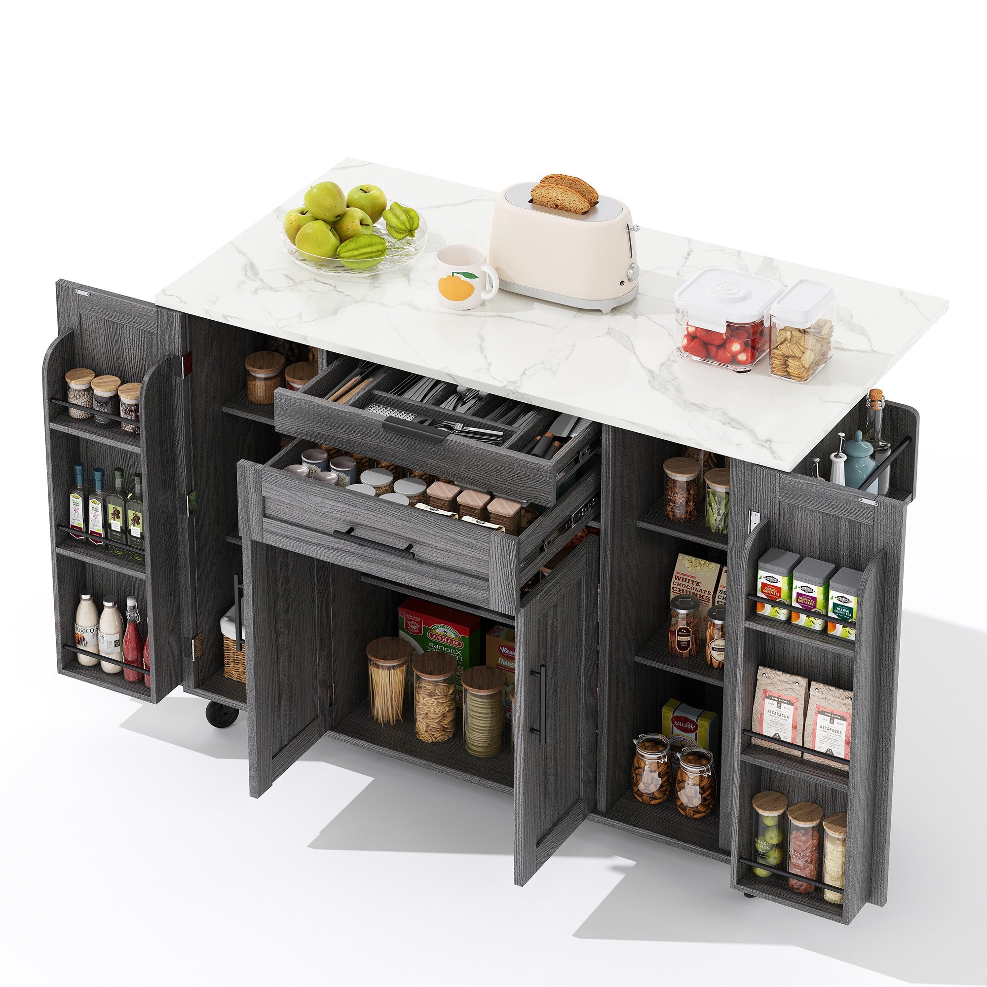 Welltin Küchenwagen 120×45cm,Mobile Kücheninsel,ausziehbare Arbeitsplatte bis 70cm, Verdeckte Besteckschublade,für Küche,Esszimmer oder Wohnzim