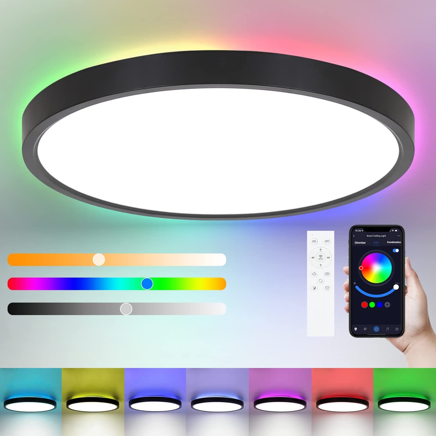 ZMH LED Deckenleuchte Whonzimmer mit Smart RGB Hintergrundlampe Panel Rund/Quadratisch, LED fest integriert, Tageslichtweiß, 36W, schwarz