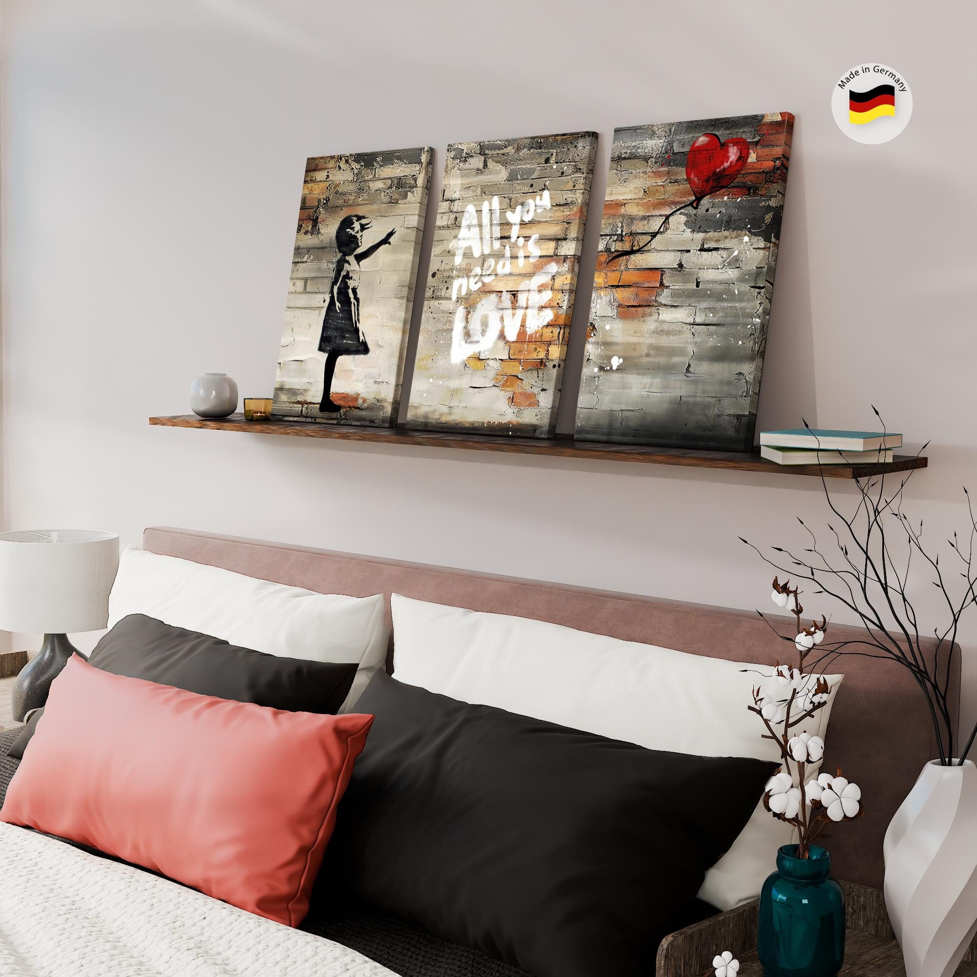 Novart Wandbild Wandbilder Set Banksy Style Collage - 3 Bilder Wohnzimmer Streetart, Balloon Girl