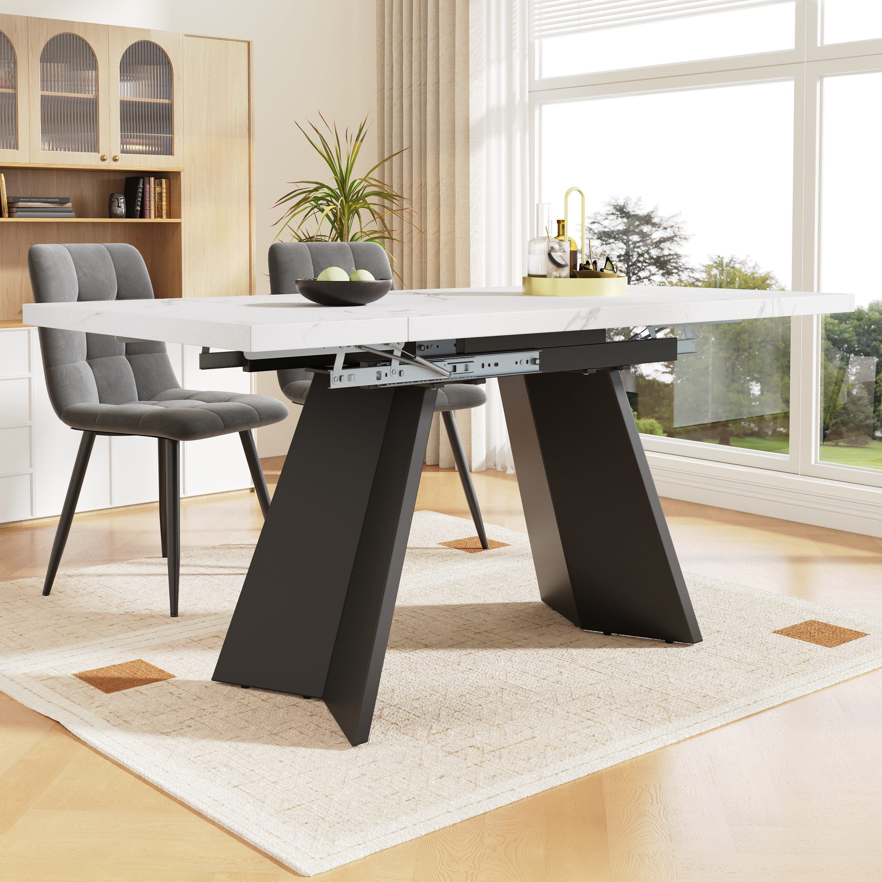 OKWISH Esstisch Langer Tisch,Moderne Esstisch,Teleskoptisch,Esstisch-Set (Teleskoptisch Esstisch (99-159×74 cm), Ausziehbar mit Marmoroberfläche, Flexible Größe für Homeoffice & Wohnzimmer, Weißer MDF Tisch mit Carbonstahl-Beinen, Platzsparend & Stabil, Mit Schiebesystem & Verstellbarer Höhe, 1-St., 99-159 cm)
