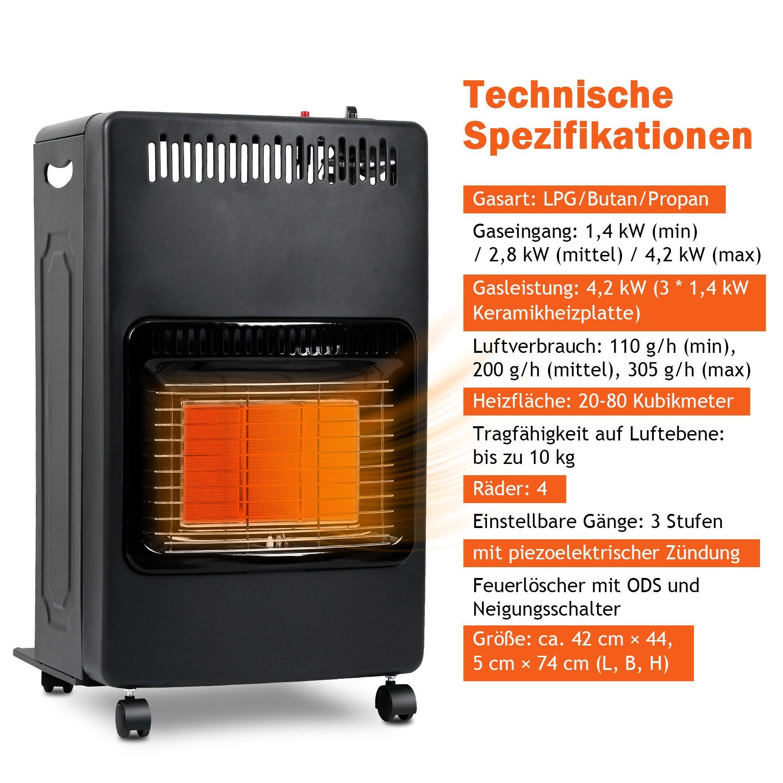 W Gasheizer Gasschlauch Gasdruckregler 4.2KW inkl 4200 Heizgerät Lospitch Schutzhülle, Keramik