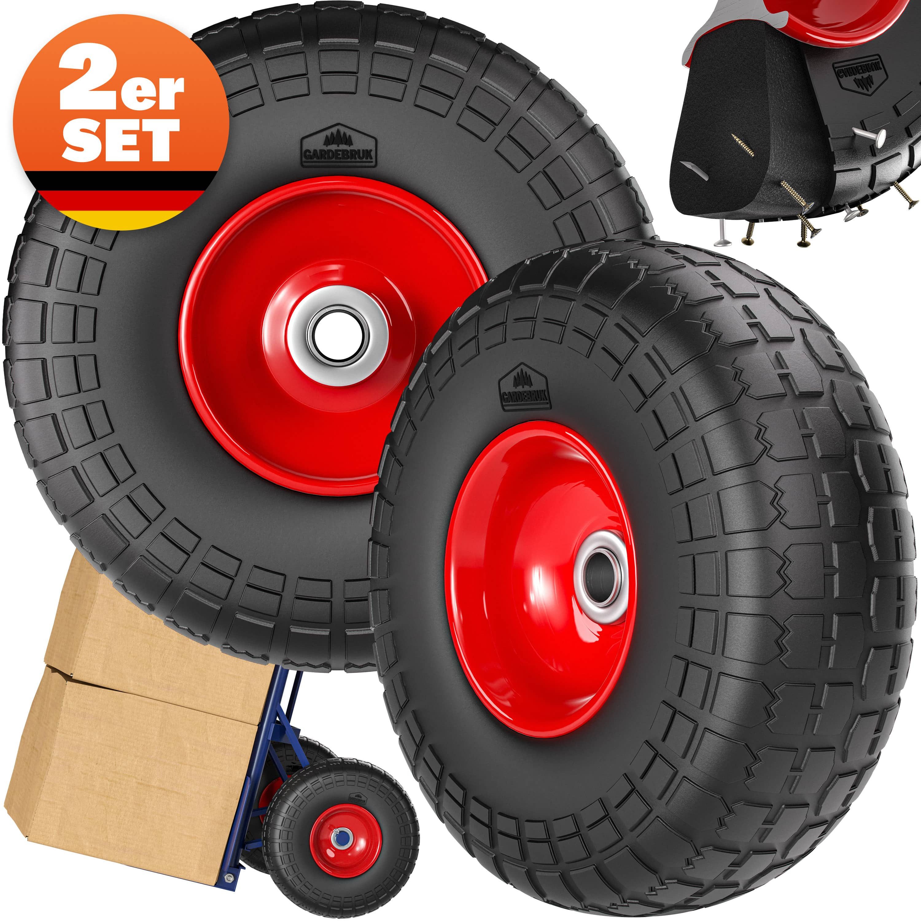 Gardebruk Sackkarre, Sackkarrenrad 2er Set PU Vollgummi Pannensicher 20mm Achse bis 200kg