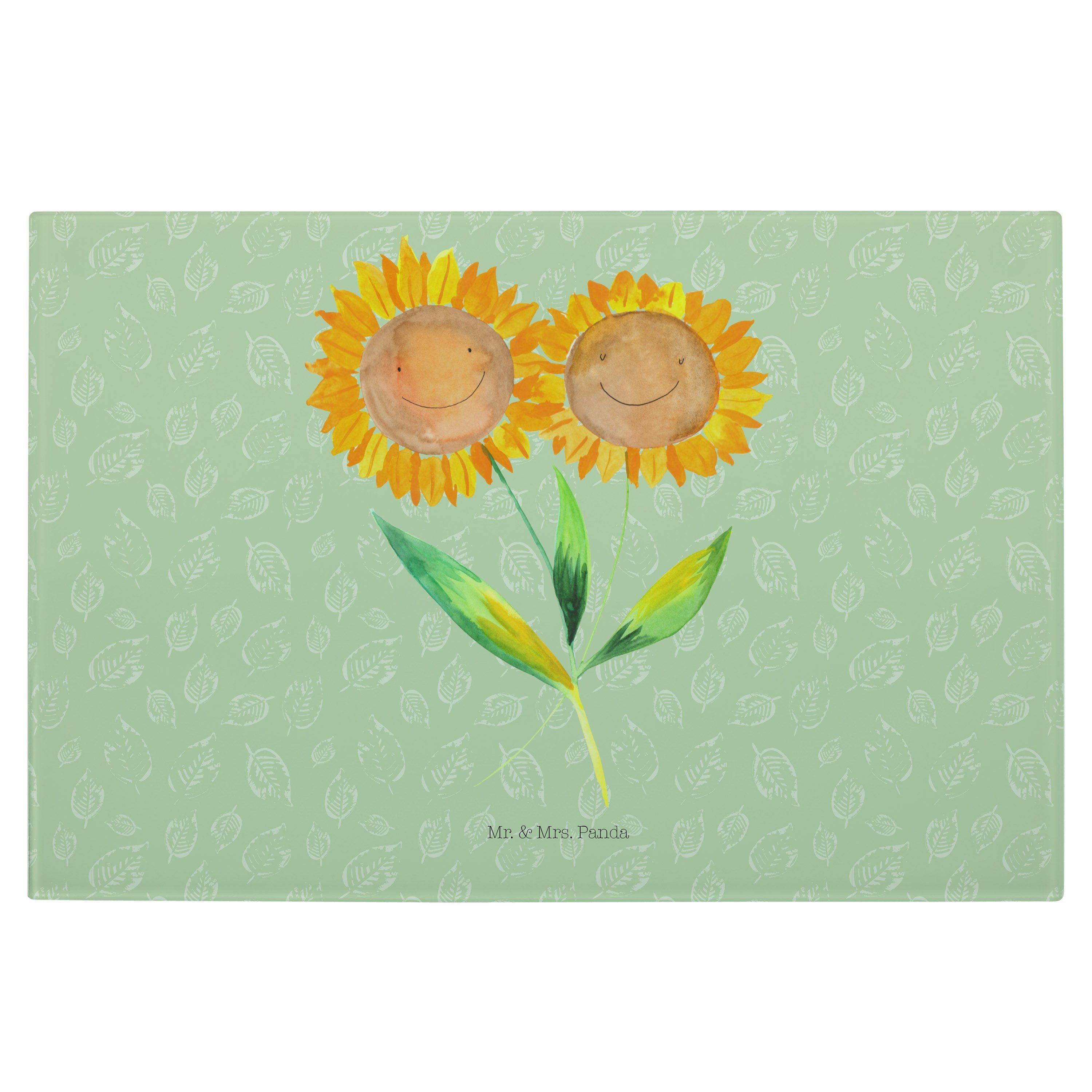 Mr. & Mrs. Panda Servierbrett Sonnenblume - Blattgrün - Geschenk, Frühlings Deko, Glasschneidebrett, Premium Glas, (1-St)