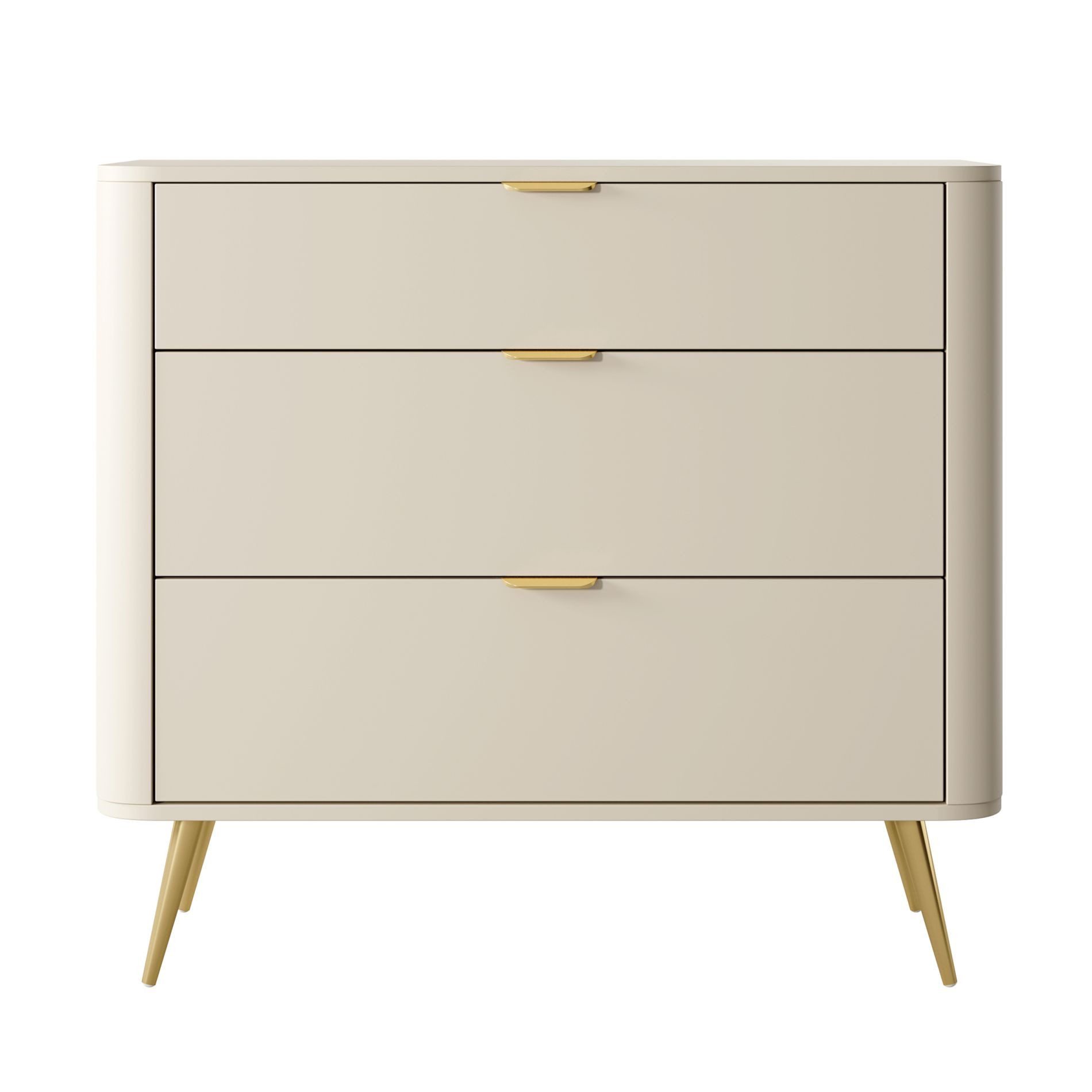 Selsey Kommode OVAL, mit 3 Schubladen, goldenen Füßen und Griffen, 92 cm