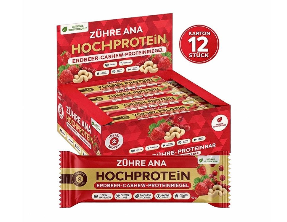 Zühre Ana® Riegel Erdbeer Cashew Proteinriegel 12x – Vegan, Glutenfrei, Zuckerfrei, 420 g, Proteinreicher, leckerer Snack, 35gr x 12 Stück