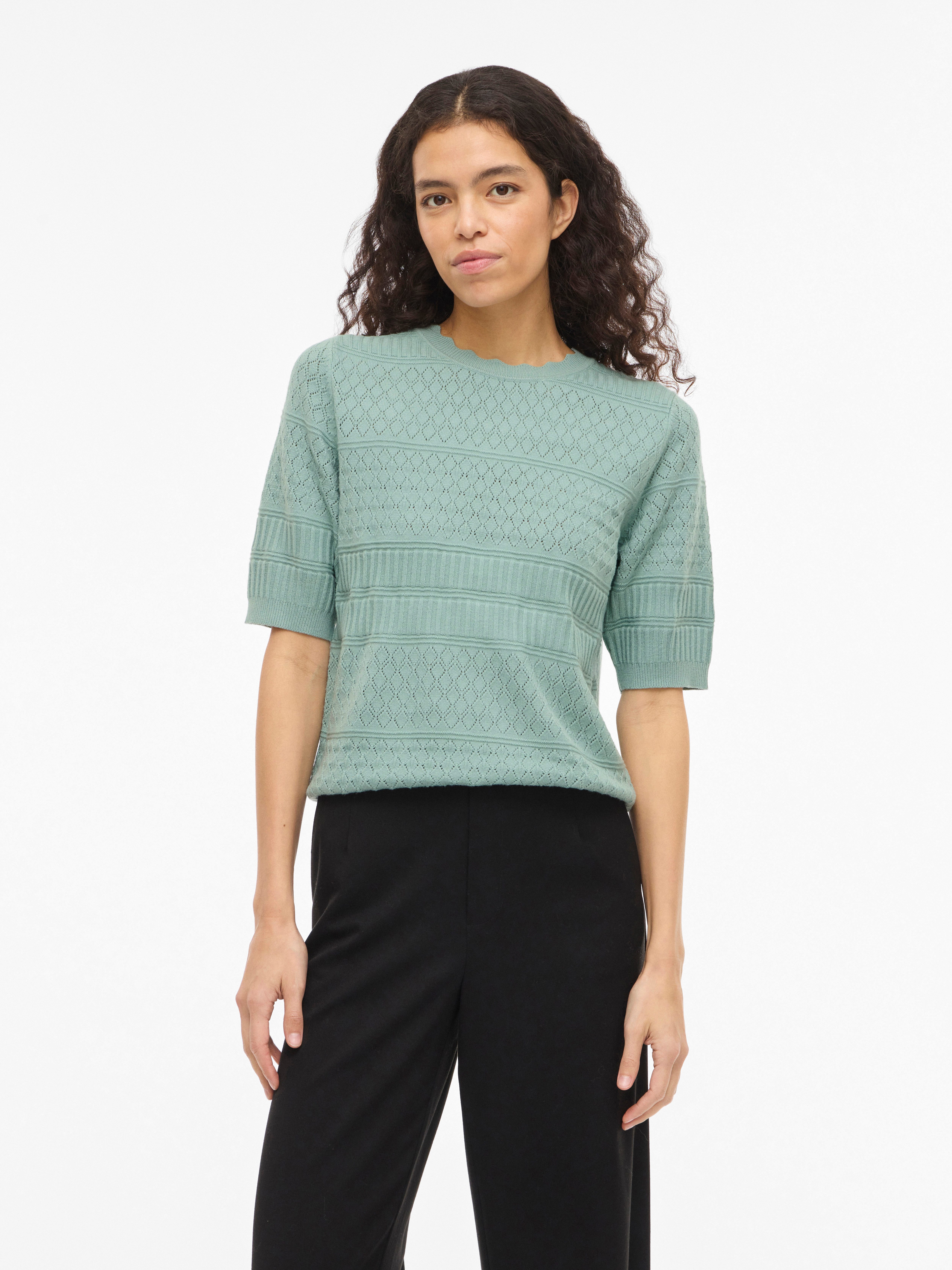 Vila Kurzarmpullover VIMILOS S/S O-NECK POINTELLE TOP - NOOS