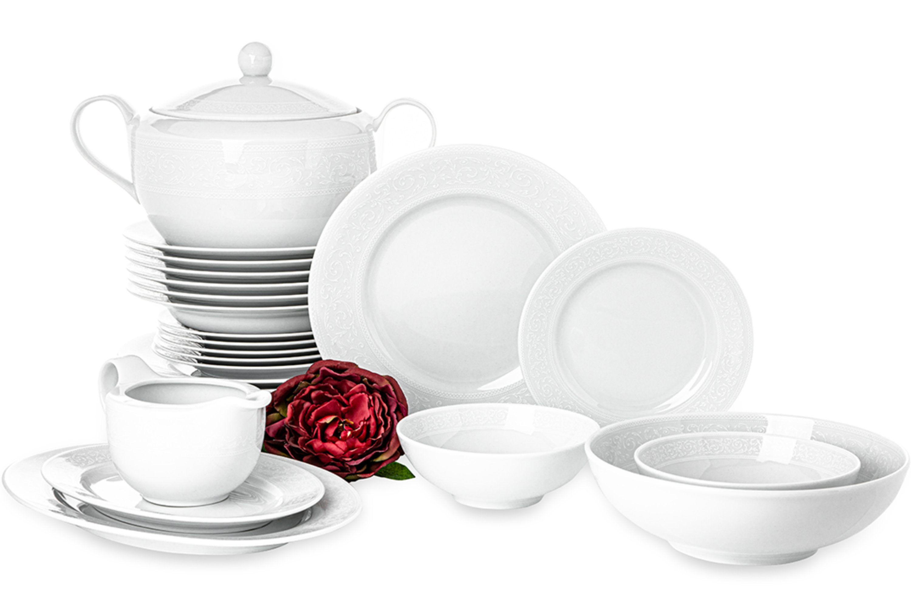 KONSIMO® Kombiservice AMELIA Tafelservice Terrine Sauciere Servierplatte (25-tlg), 6 Personen, Porzellan, rund, Spülmaschinengeeignet