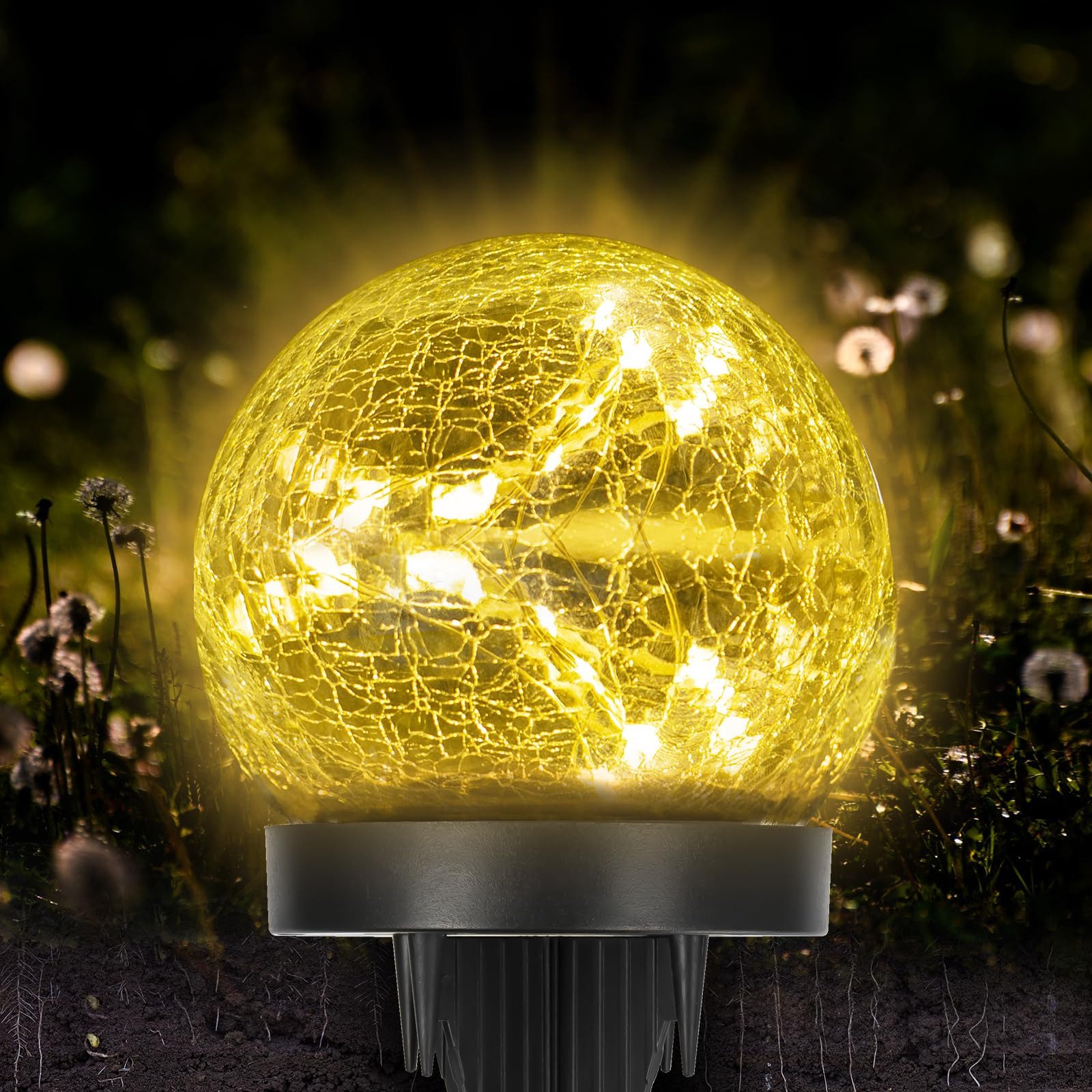LQWELL LED Solarleuchte LED Solar Bodenleuchte Außenleuchte Gartenlampe, LED fest integriert, Kristallkugel mit rissigem Glas & 3000K warmweißen LED-Leuchten, für Rasen, Balkon, Gehweg, Hof Deko
