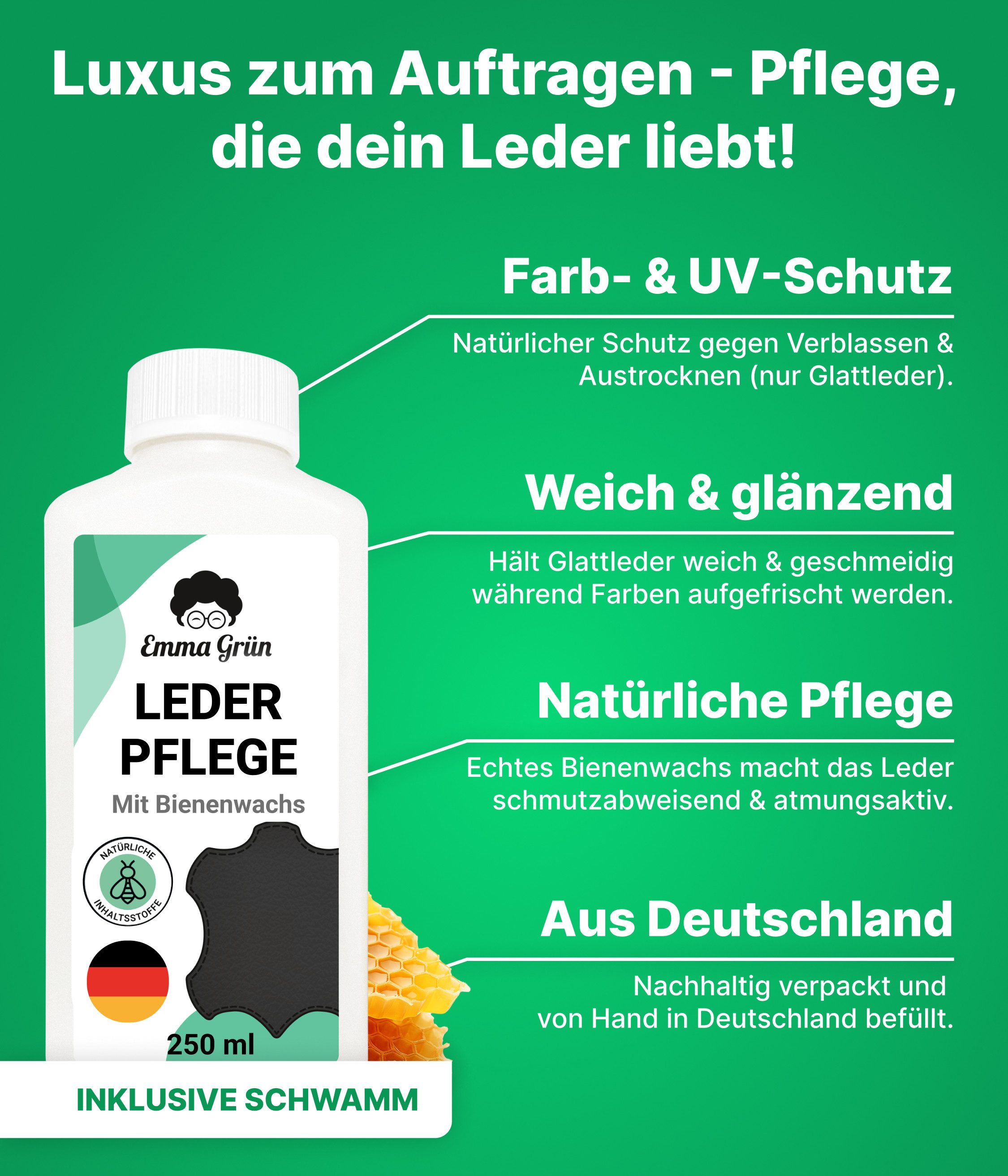Emma Grün Reiniger & Lotion mit Bienenwachs Lederpflegeset, pflegt Sofas, Schuhe & Jacken ohne zu fetten, 100% Made in Germany