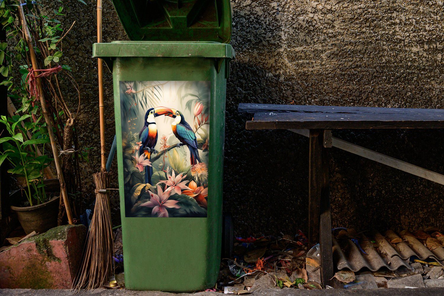 Tukan (1 Dschungel Sticker, Mülltonne, Vögel - Mülleimer-aufkleber, Blumen Abfalbehälter - Container, MuchoWow St), - - Natur Wandsticker