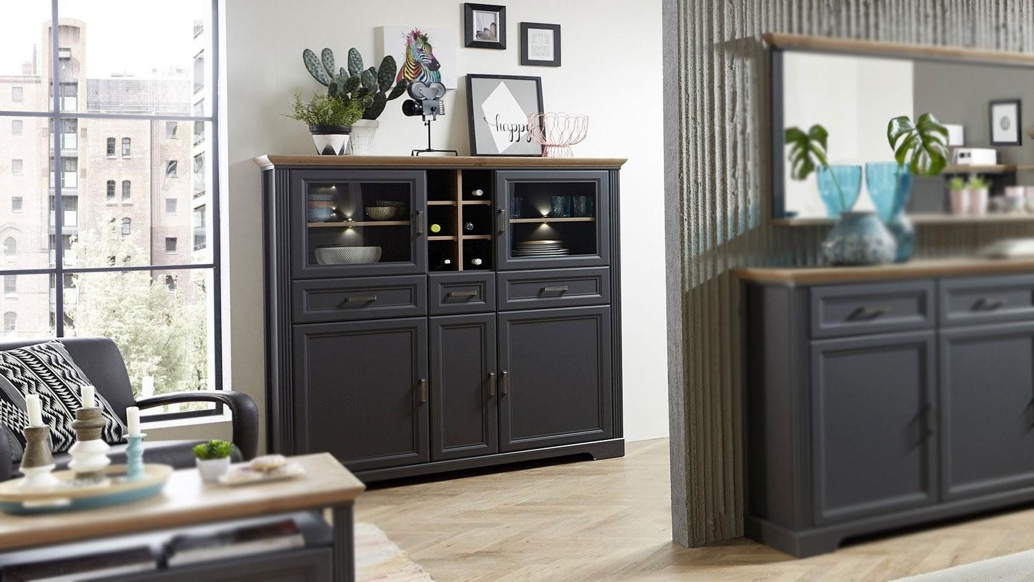 Innostyle Vitrine Highboard Jasmin Vitrine in graphit und Artisan Eiche 143x150 cm