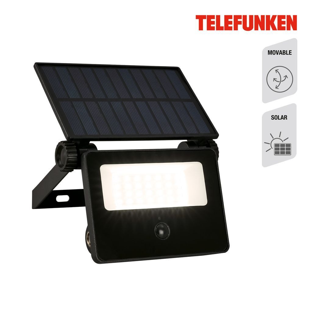 Telefunken Flutlichtstrahler 322605TF, LED fest integriert, 2700K - Extra-Warmweiß, LED Strahler Solar 14x11,5x18 cm Schwarz 2W 1000 Lumen Solarleuchten