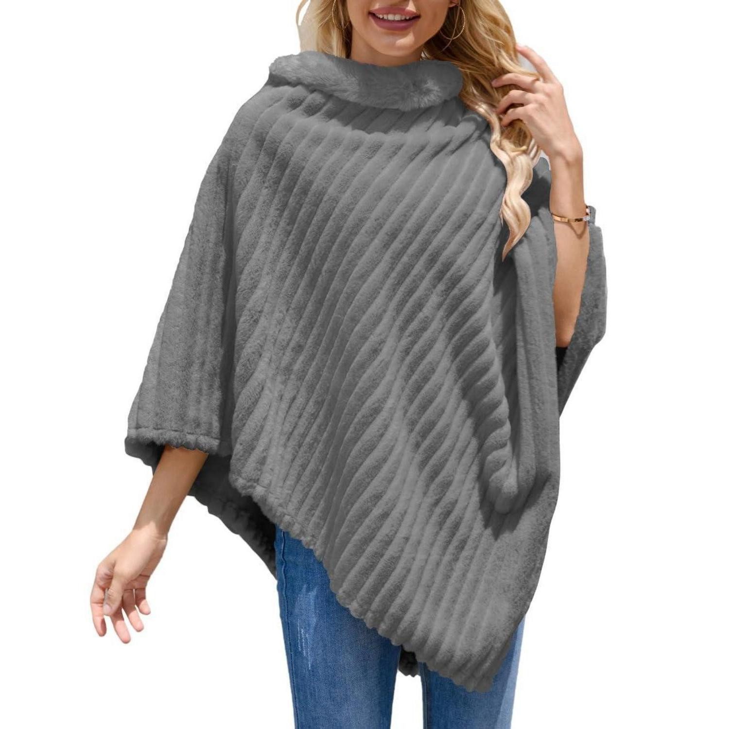 LuxusKollektion Strickschal Poncho Damen gestreift Kunstfell Grau, (1-St)