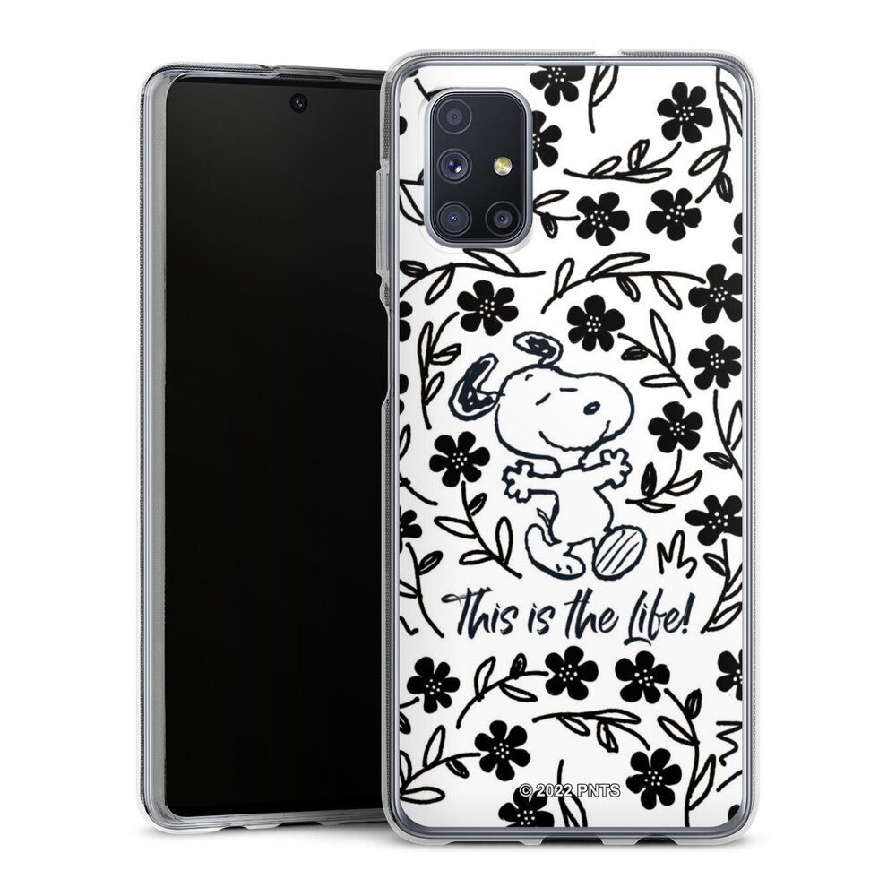 DeinDesign Handyhülle Peanuts Blumen Snoopy Snoopy Black and White This Is The Life, Samsung Galaxy M51 Silikon Hülle Bumper Case Handy Schutzhülle