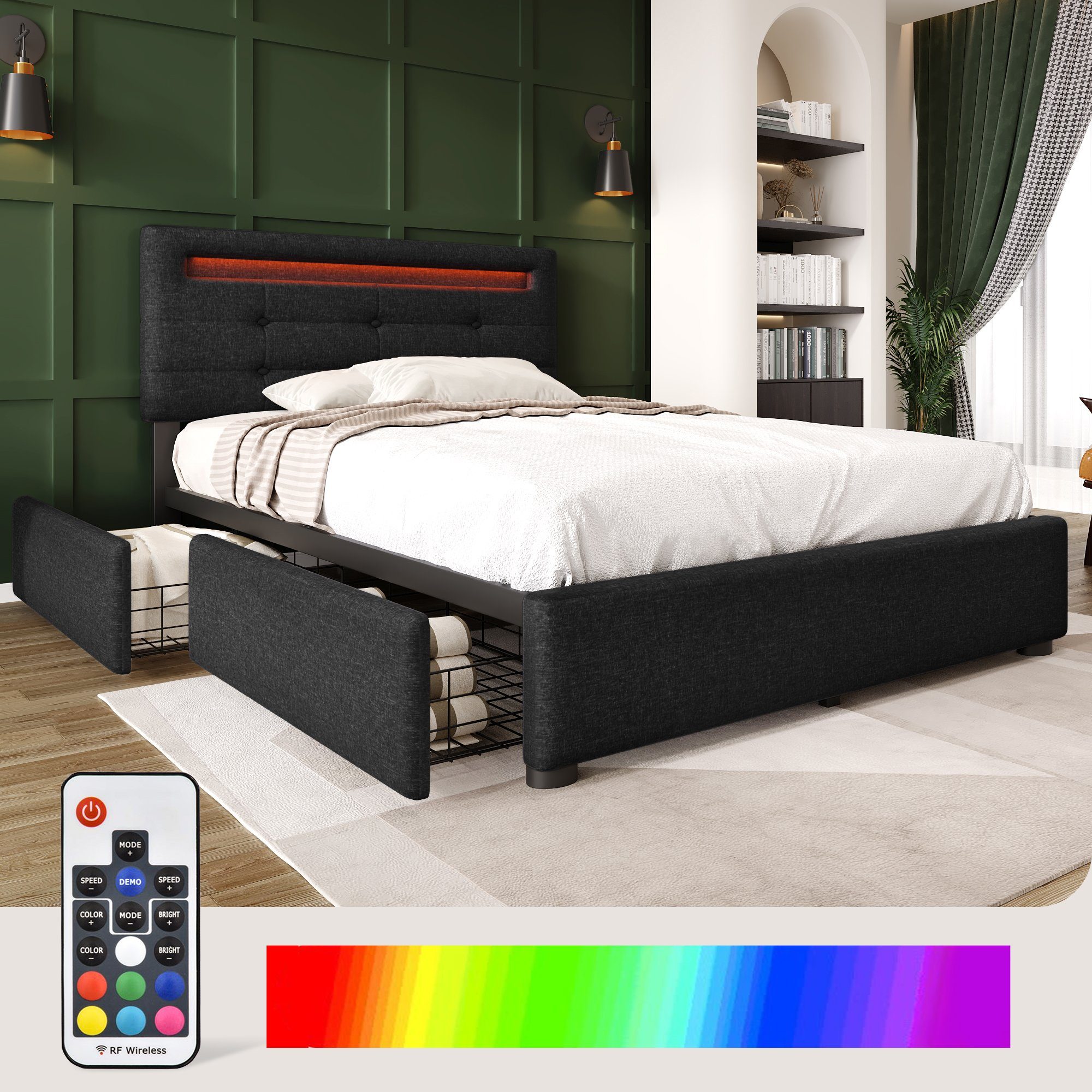 Polsterbett (mit LED-Beleuchtung, Fernbedienung und verstellbarem Kopfteil), Einzelbett mit Matratze, 2 Schubladen, Leinen, 90x200cm Bett