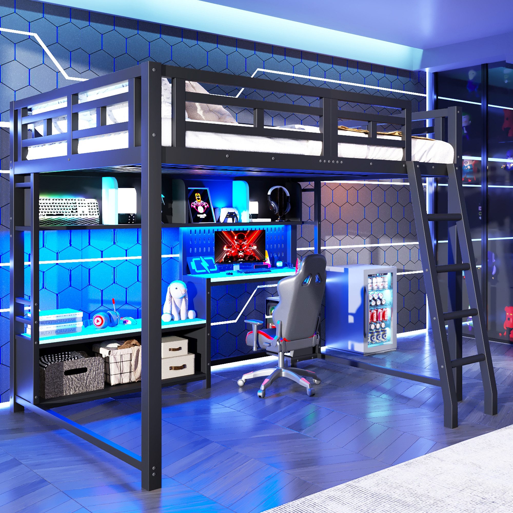Ulife Hochbett im Gaming-Stil, mit RGB-LED, Schreibtisch und Aufbewahrungsregalen Metall Jugendbett Kinderbett, 140 x 200 cm