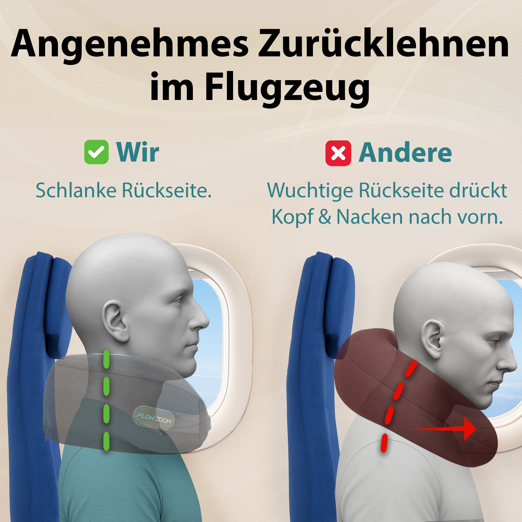 FLOWZOOM Nackenhörnchen DREAM - Nackenkissen Flugzeug - Memory-foam für lange, schmale Hälse, Nackenkissen Reisen - Nackenhörnchen für Erwachsene - Memoryschaum – Bild 4 von 5