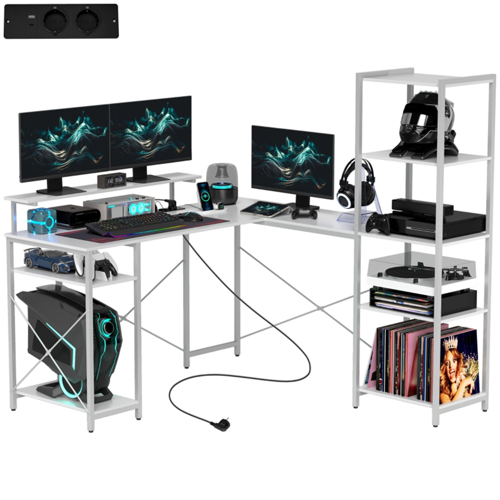Schreibtisch Gaming Tisch L Form mit Regal, Computertisch mit Monitorständer
