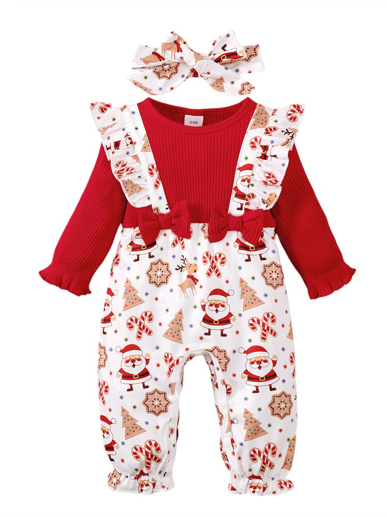 Gluckids Strampler Weihnachts Langarm Strampler Outfit Baby Mädchen Overall+Stirnband Set (Set, 2-tlg) Babykleidung Drucken Langarmoverall, Krabbelanzug, Baumwollmischung