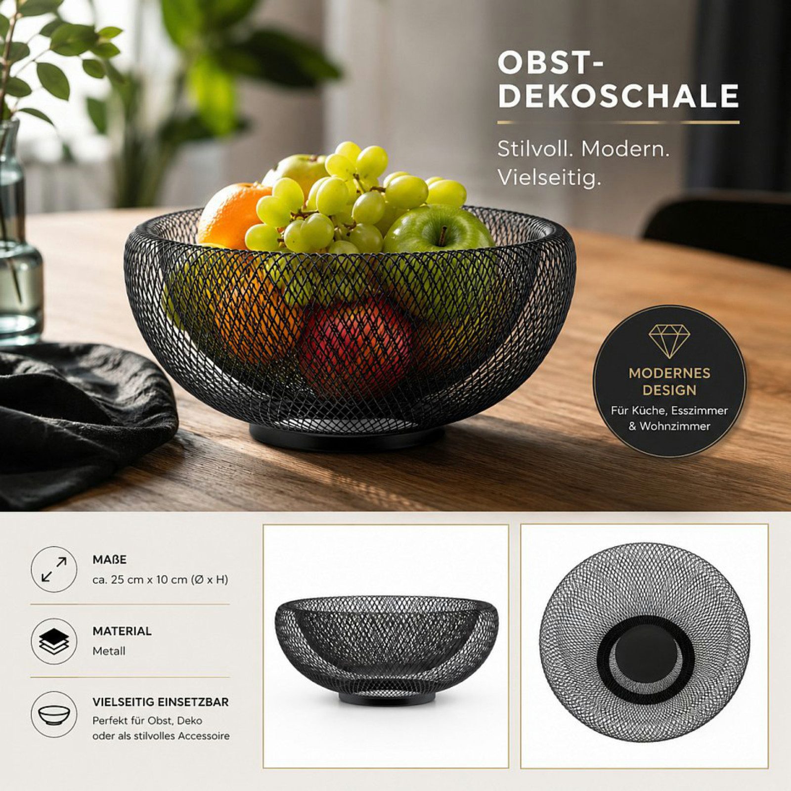 Haushalt International Drahtkorb Obstkorb Brotkorb Metall Schwarz 25x10cm (Stück, 1 St., Packung), Drahtoptik, 1,4 Liter, Dekokorb, Modern, Dekoration