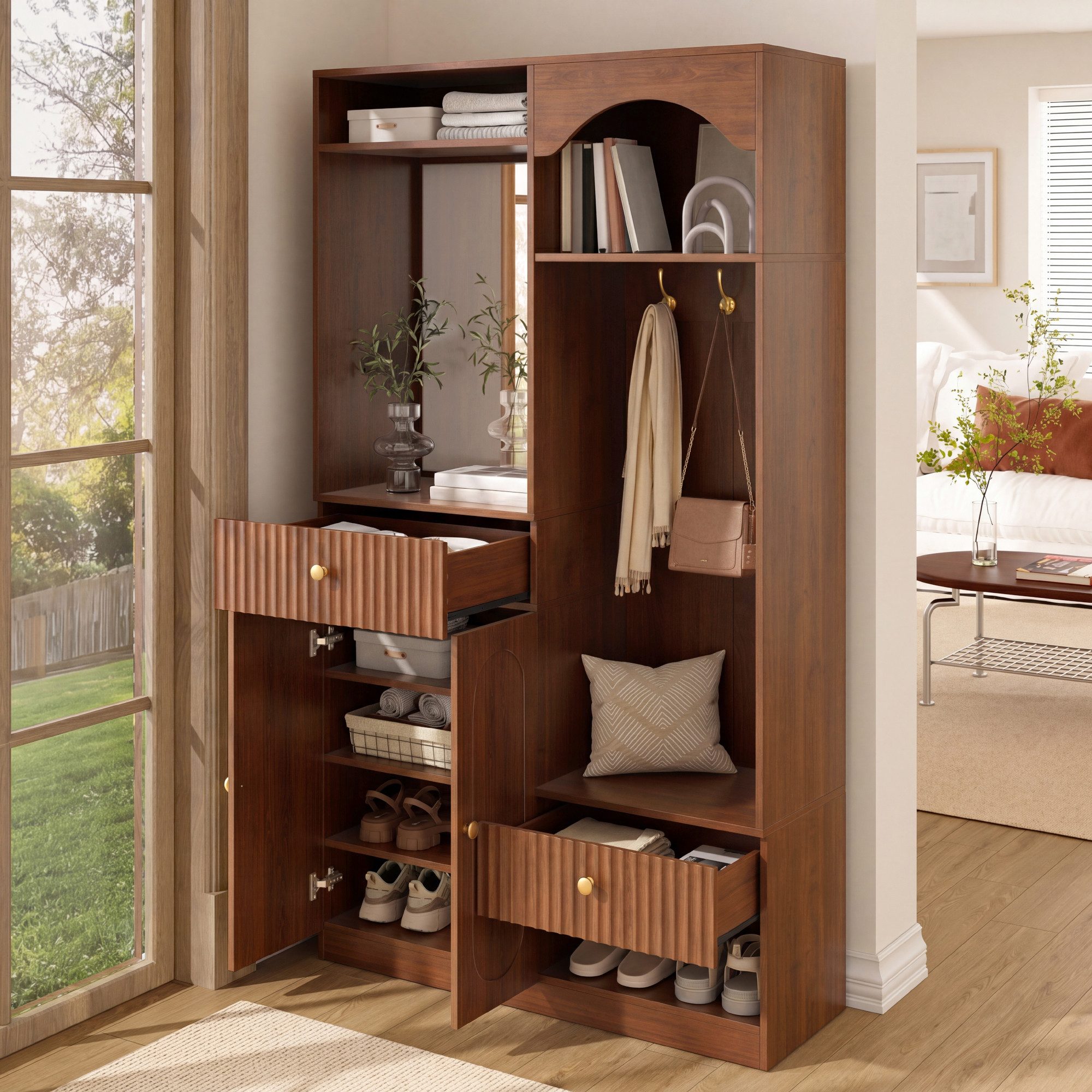 Merax Kompaktgarderobe mit Spiegel & Sitzbank (100 x 35 x 180 cm, 1-St) Garderoben-Set Flurgarderobe mit Schuhschrank, Haken & Stauraum