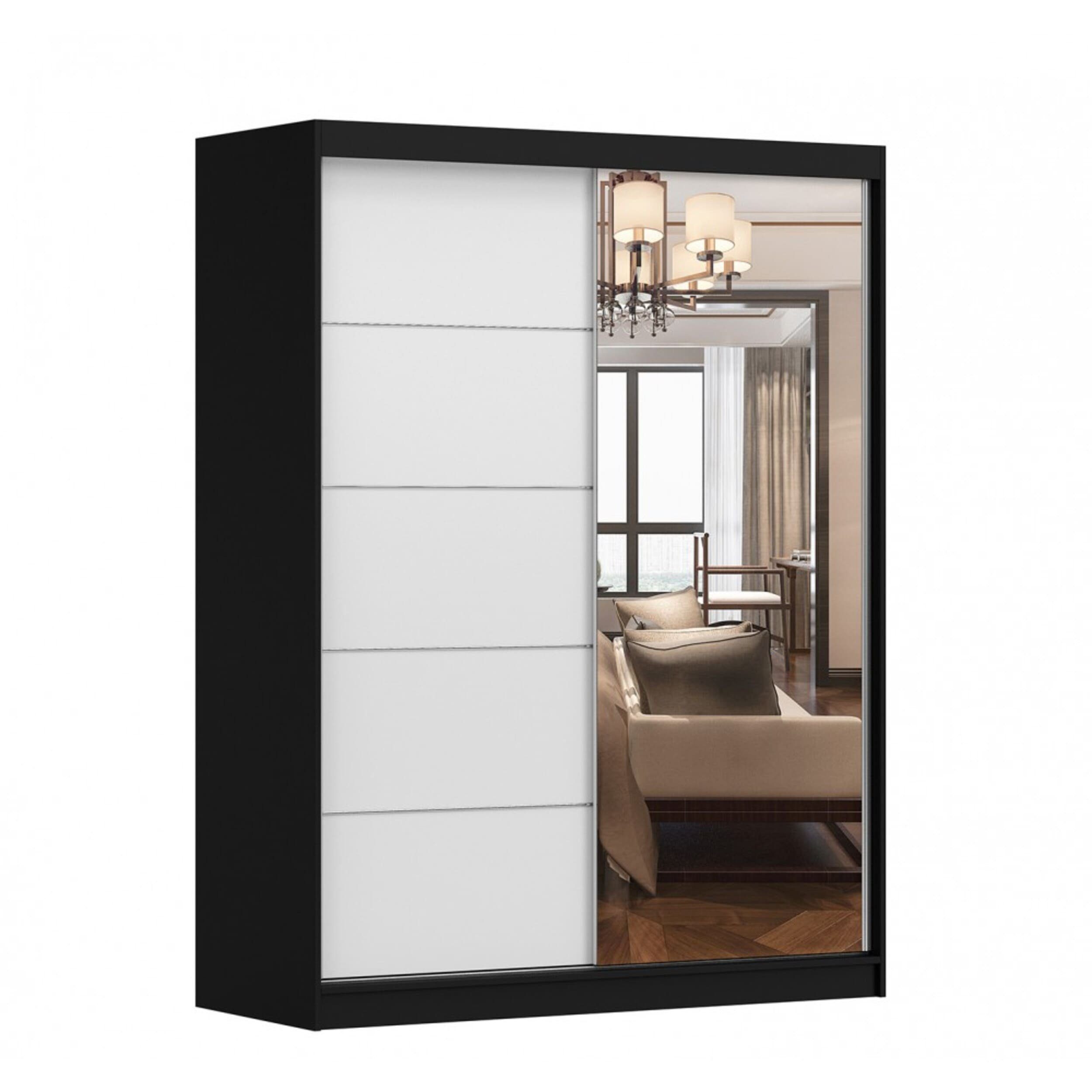 MOEBLO Kleiderschrank LARA 05 (mit Spiegel Schwebetürenschrank 2-türig Schrank mit vielen Einlegeböden und Kleiderstange, Gaderobe Schiebtüren Schlafzimmer-Wohnzimmerschrank Modern Design), (BxHxT): 150x200x61 cm Weiß | Schwarz