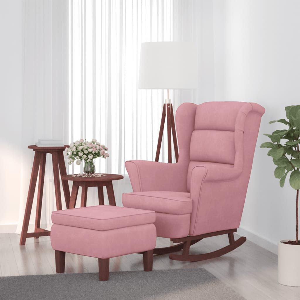 vidaXL Schaukelsessel, Schaukelsessel und Hocker mit Holzbeinen Rosa Samt