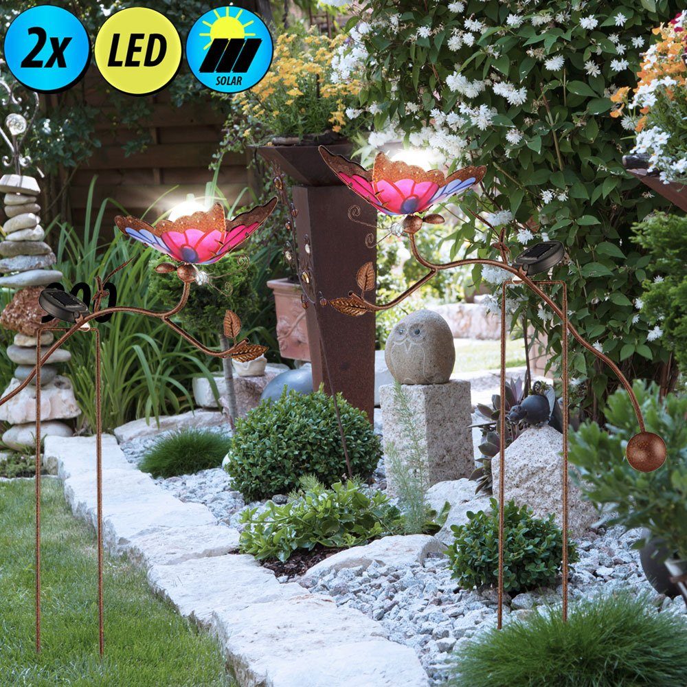 etc-shop Gartenleuchte, LED-Leuchtmittel fest verbaut, Kaltweiß, 2x LED Außen Solar Steck Lampen Schmetterling Design Glas Erdspieß Hof