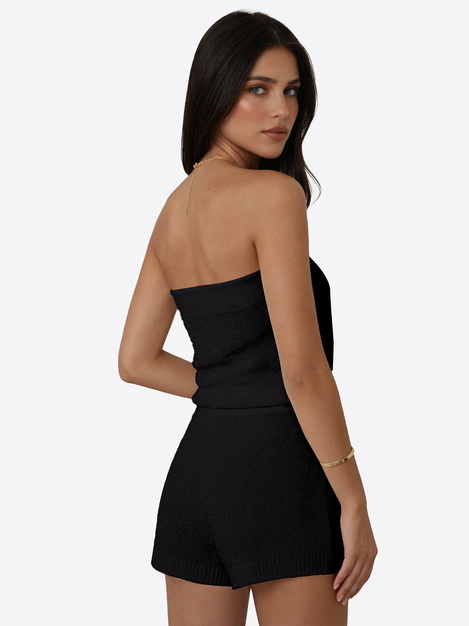 Imily Bela Hausanzug Damen Sommer Stricken Loose Schulterfrei Casual (Set, 2 tlg., 2er-Pack, Top+Shorts) gehäkelt in Unifarbe