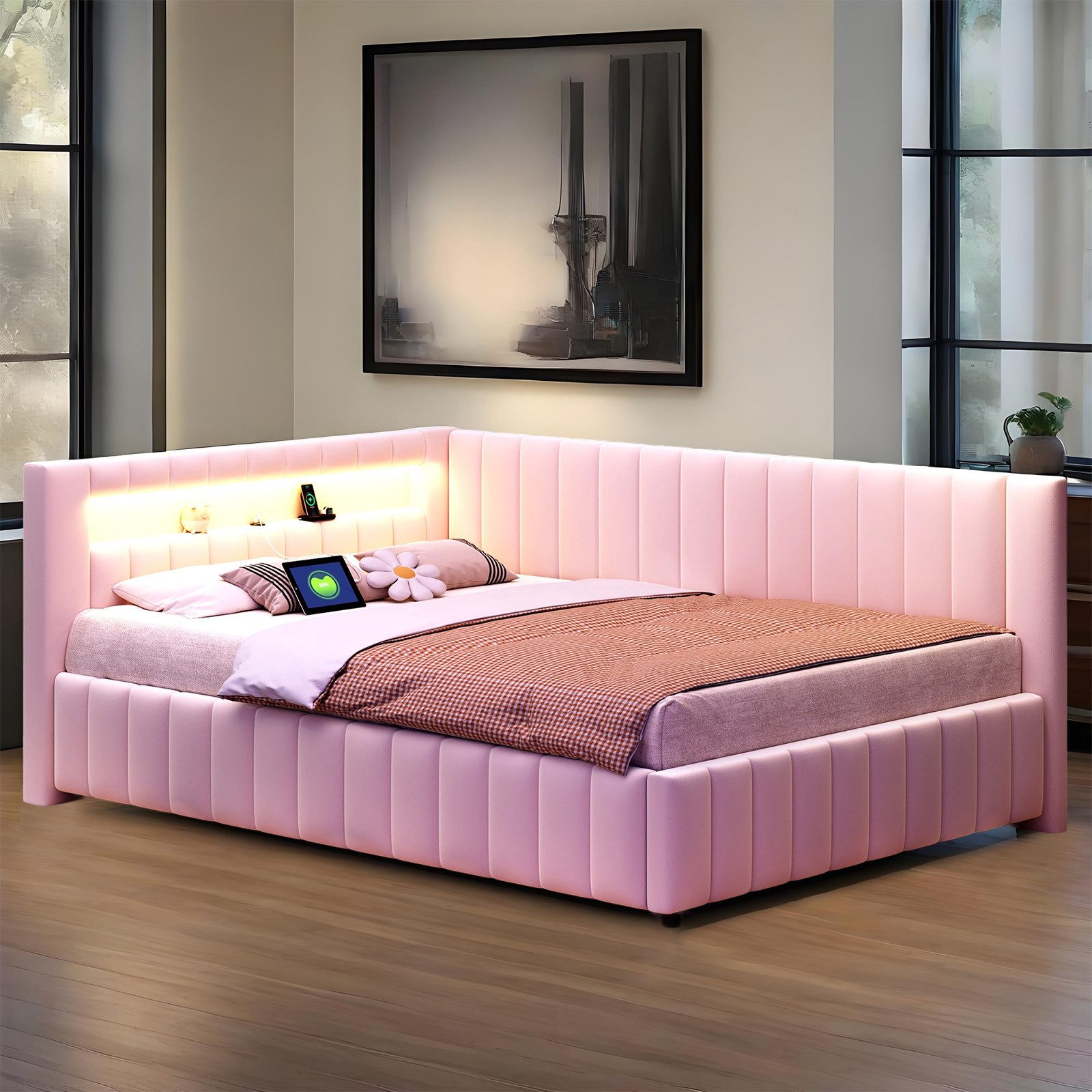 MODFU Polsterbett Kinderbett (140x200 cm mit LED-Lichtstreifen, USB-Ladeans günstig online kaufen