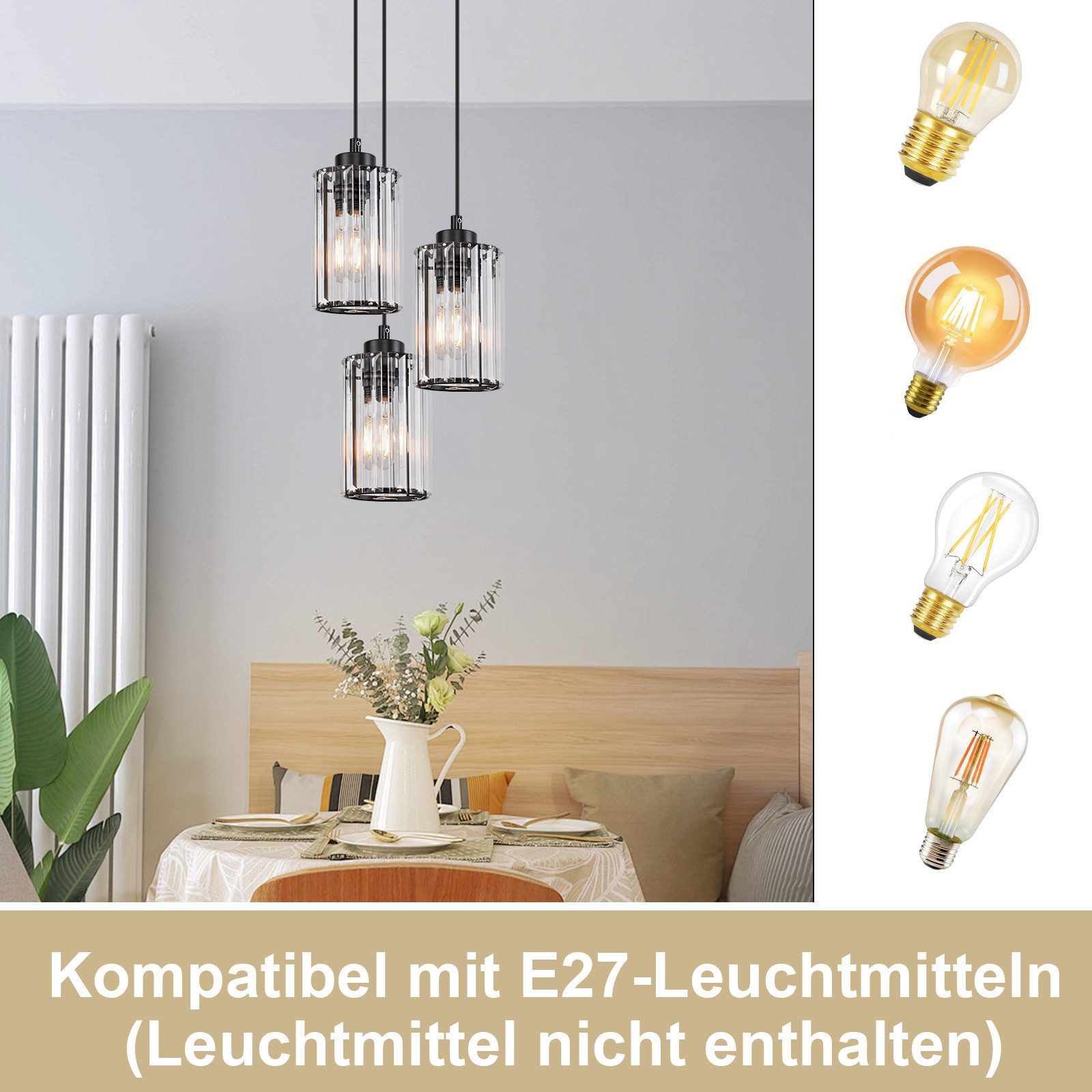 Nettlife Pendelleuchte Kristall Esstisch Schwarz Modern 1/3/4 Flammig E27 H günstig online kaufen