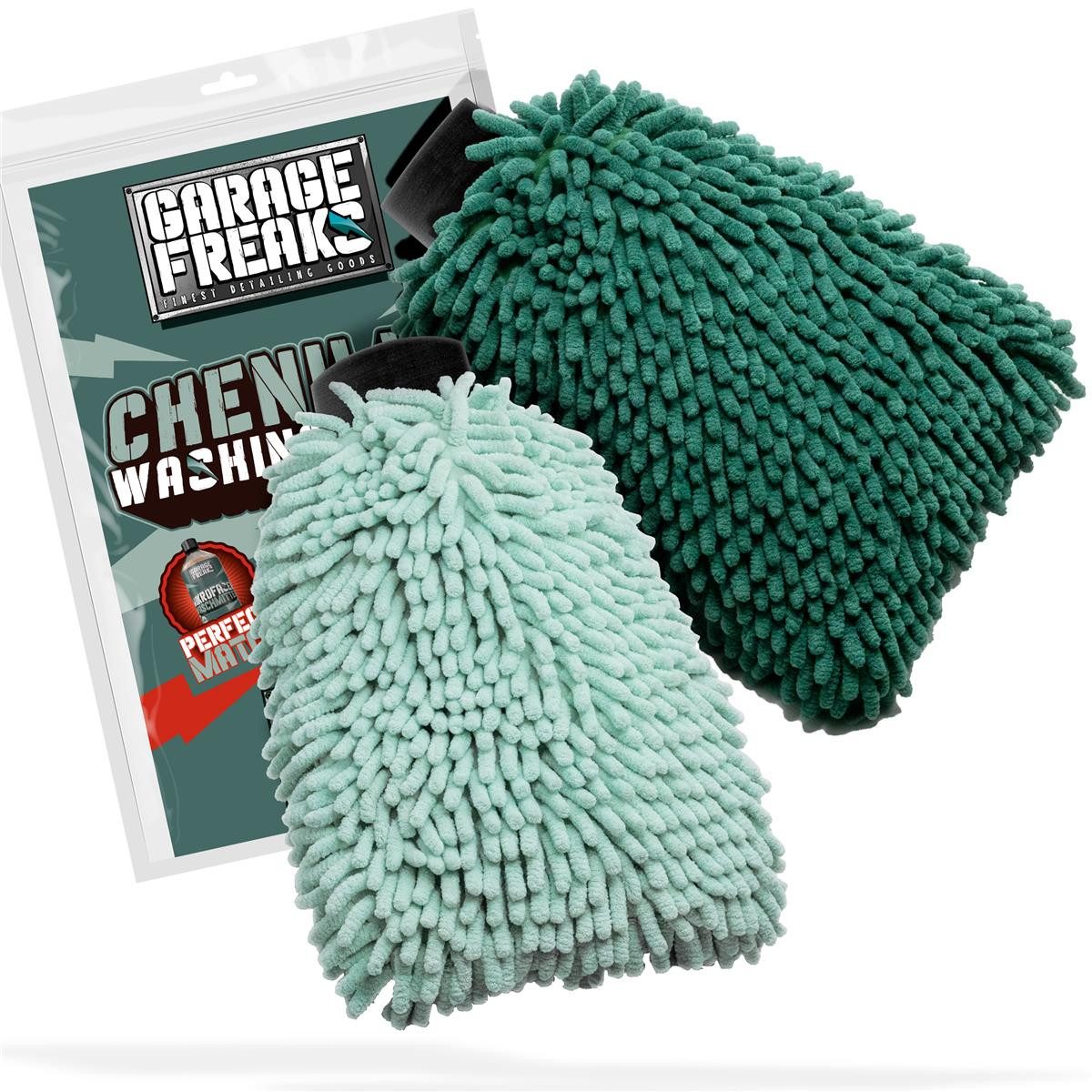 Garage Freaks Waschhandschuh Auto Waschhandschuh 2er Pack - CHENILLE WASHING GLOVE, (2-St), Mikrofaser - 2 Farben - mit Zotteln für eine saugstarke Reinigung