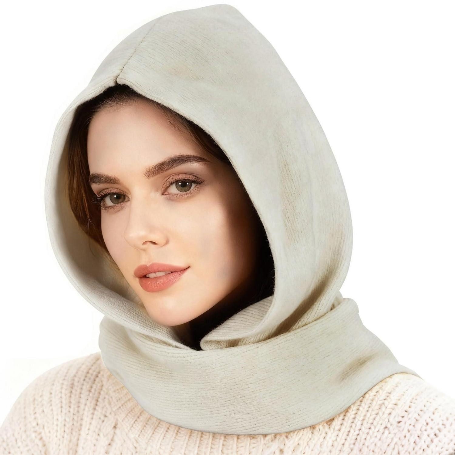 LuxusKollektion Sturmhaube Wintermütze Schal 2in1 Kapuze Beanie Nackenwärmer Weiß