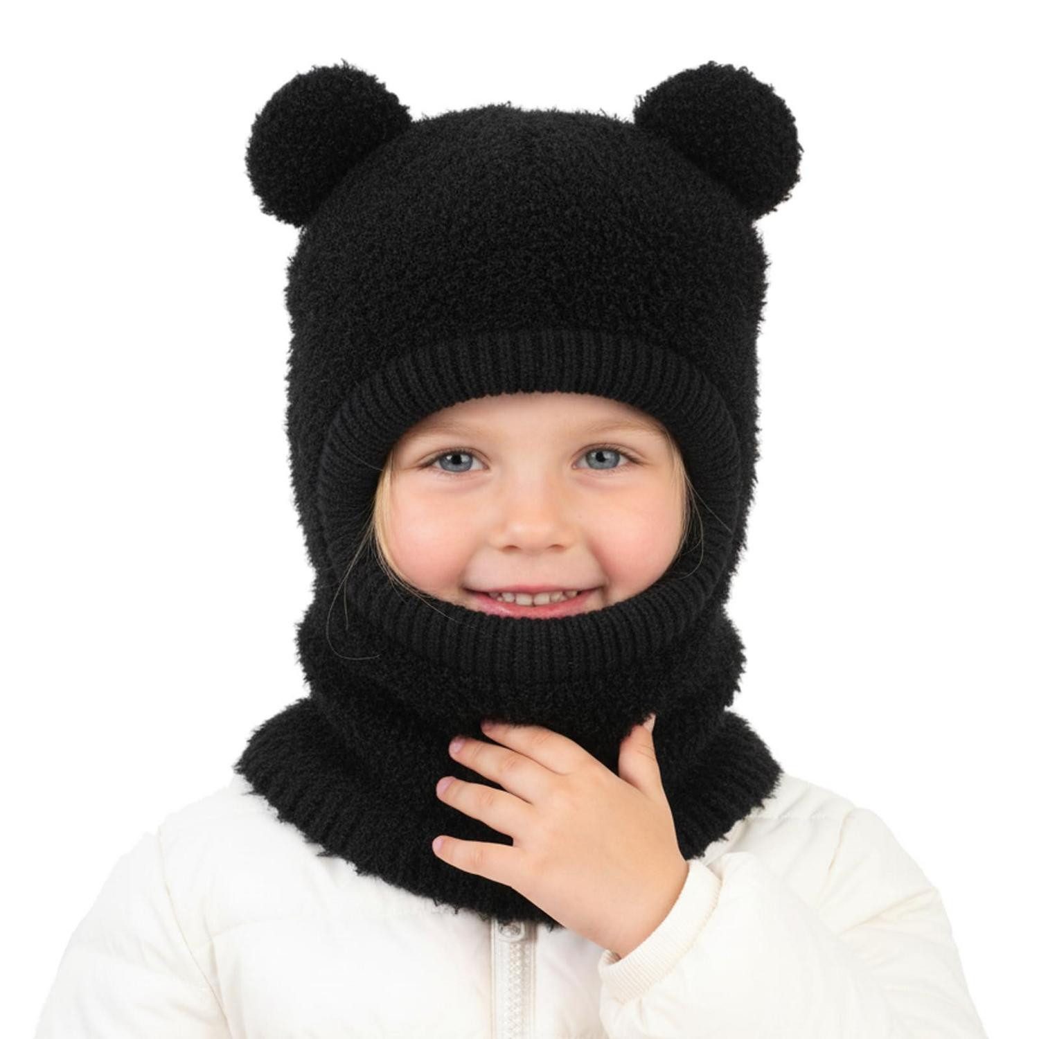 Sturmhaube Schlupfmütze Kinder Fleece Gefüttert Bommel Beanie Schwarz