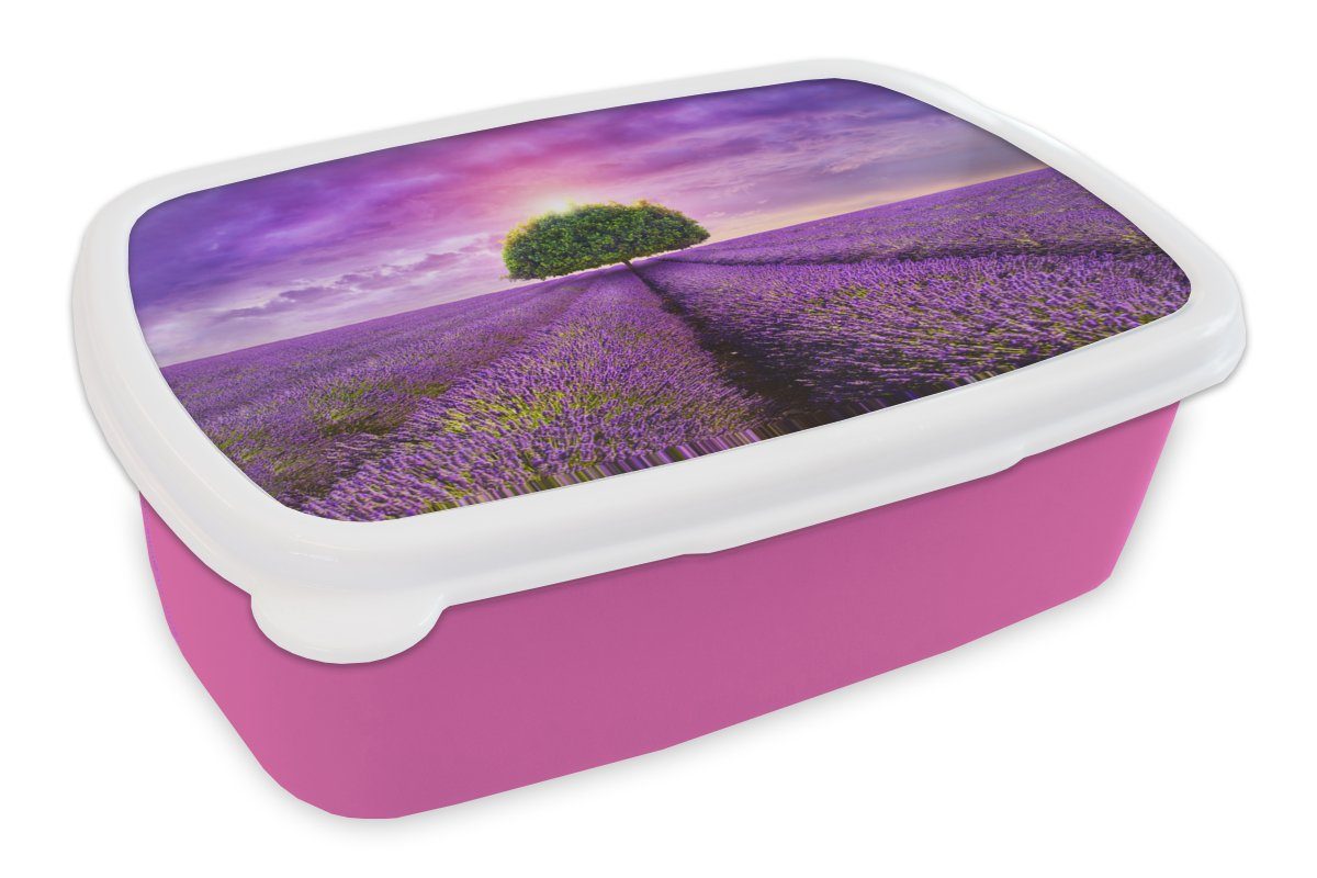 MuchoWow Lunchbox Lavendel - Baum - Lila - Wolken, Kunststoff, (2-tlg), Brotbox für Erwachsene, Brotdose Kinder, Snackbox, Mädchen, Kunststoff rosa