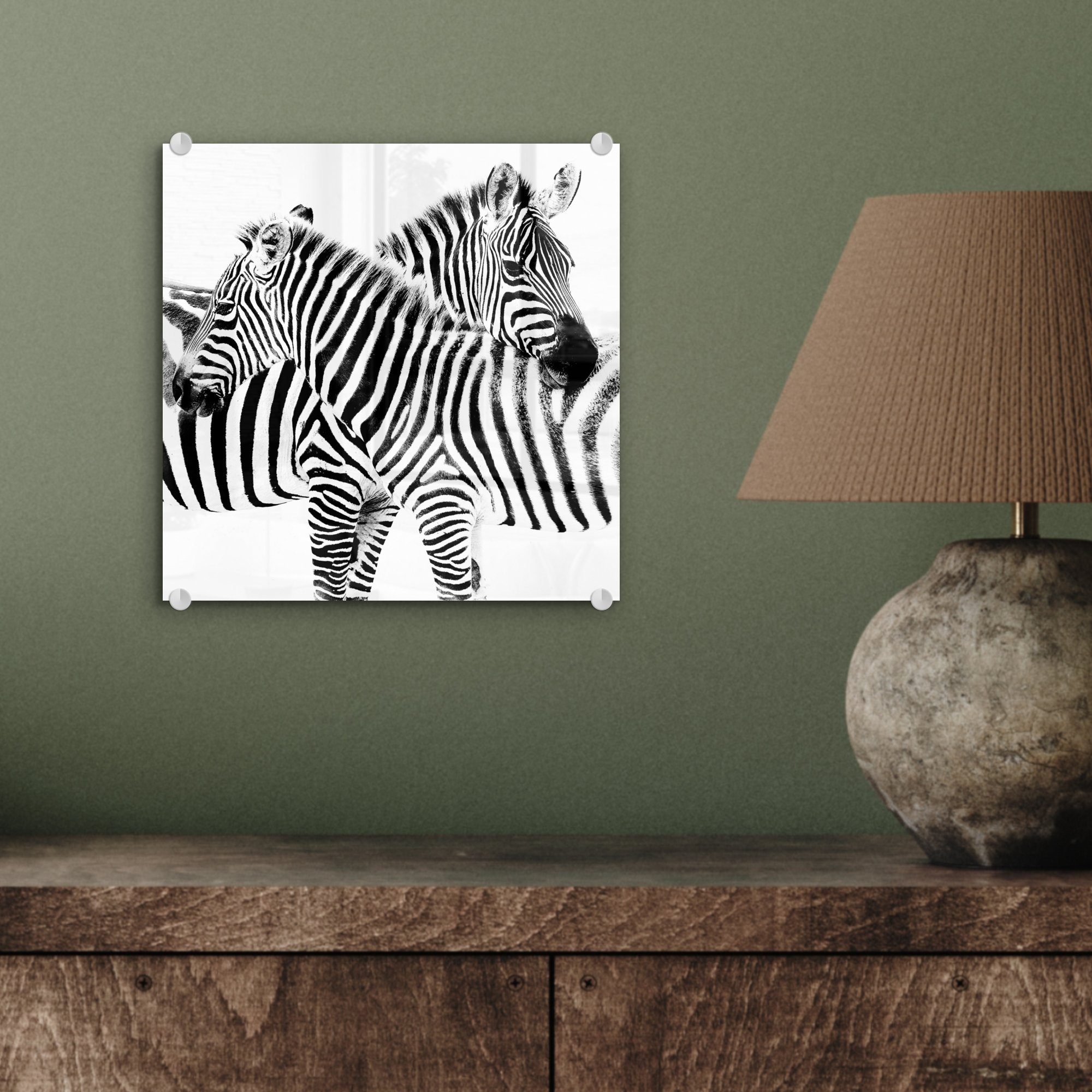 Foto Acrylglasbild Hintergrund, auf Wanddekoration Wandbild - Glas auf Glasbilder Zwei weißem MuchoWow Bilder Glas - St), (1 Zebras auf -