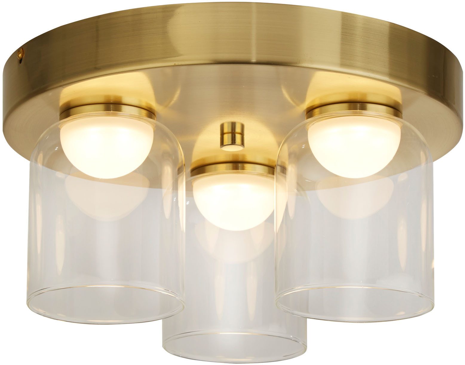 Searchlight Deckenleuchte Highball LED 3Lt Flush, Satin Brass & Clear Glass IP44, LED fest integriert, Warmweiß