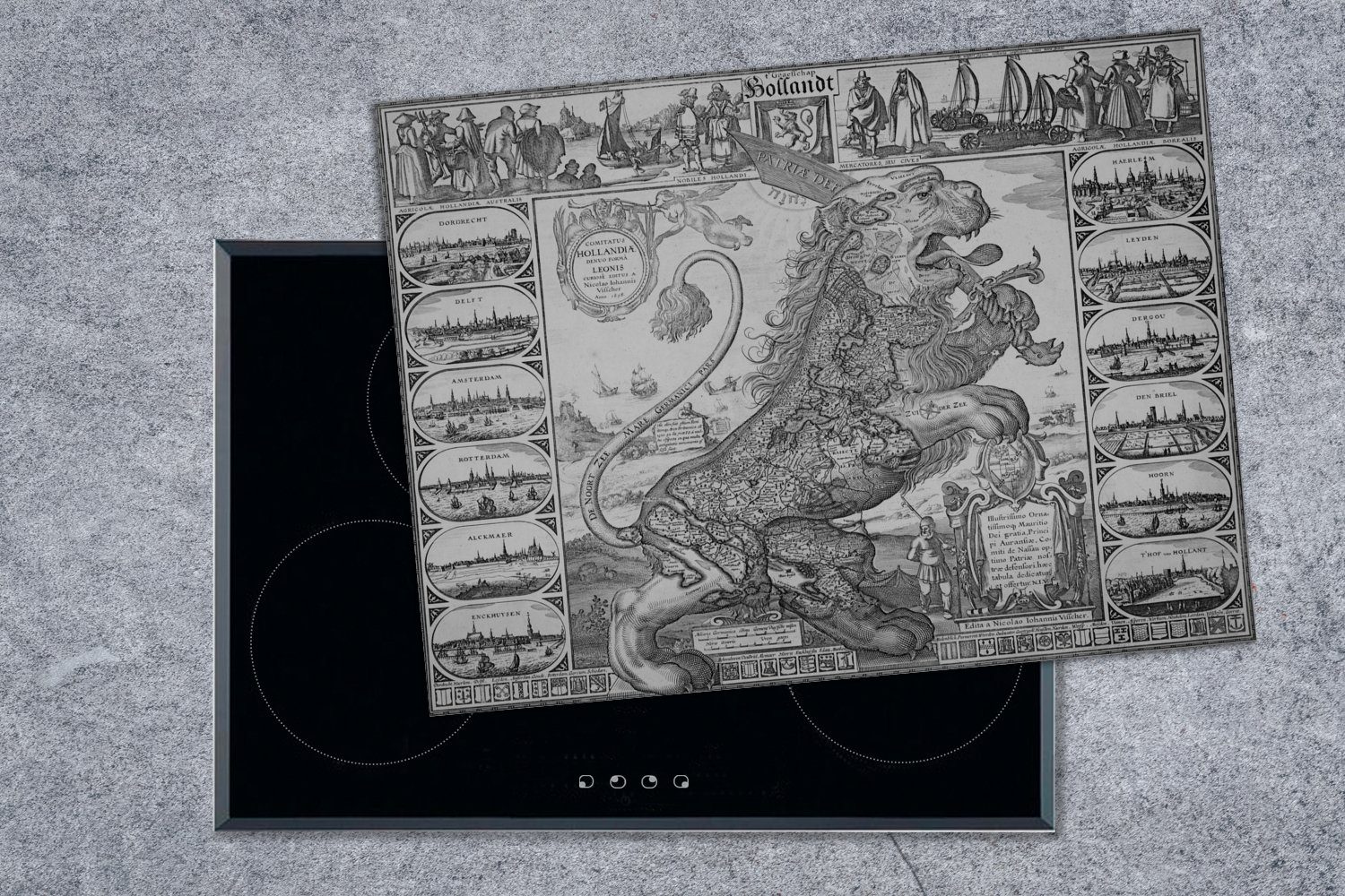 Mobile cm, MuchoWow Herdblende-/Abdeckplatte Löwen, Karte Niederlande (1 der Form in Schwarz-weiße 70x52 eines tlg), Ceranfeldabdeckung nutzbar, Arbeitsfläche Vinyl,