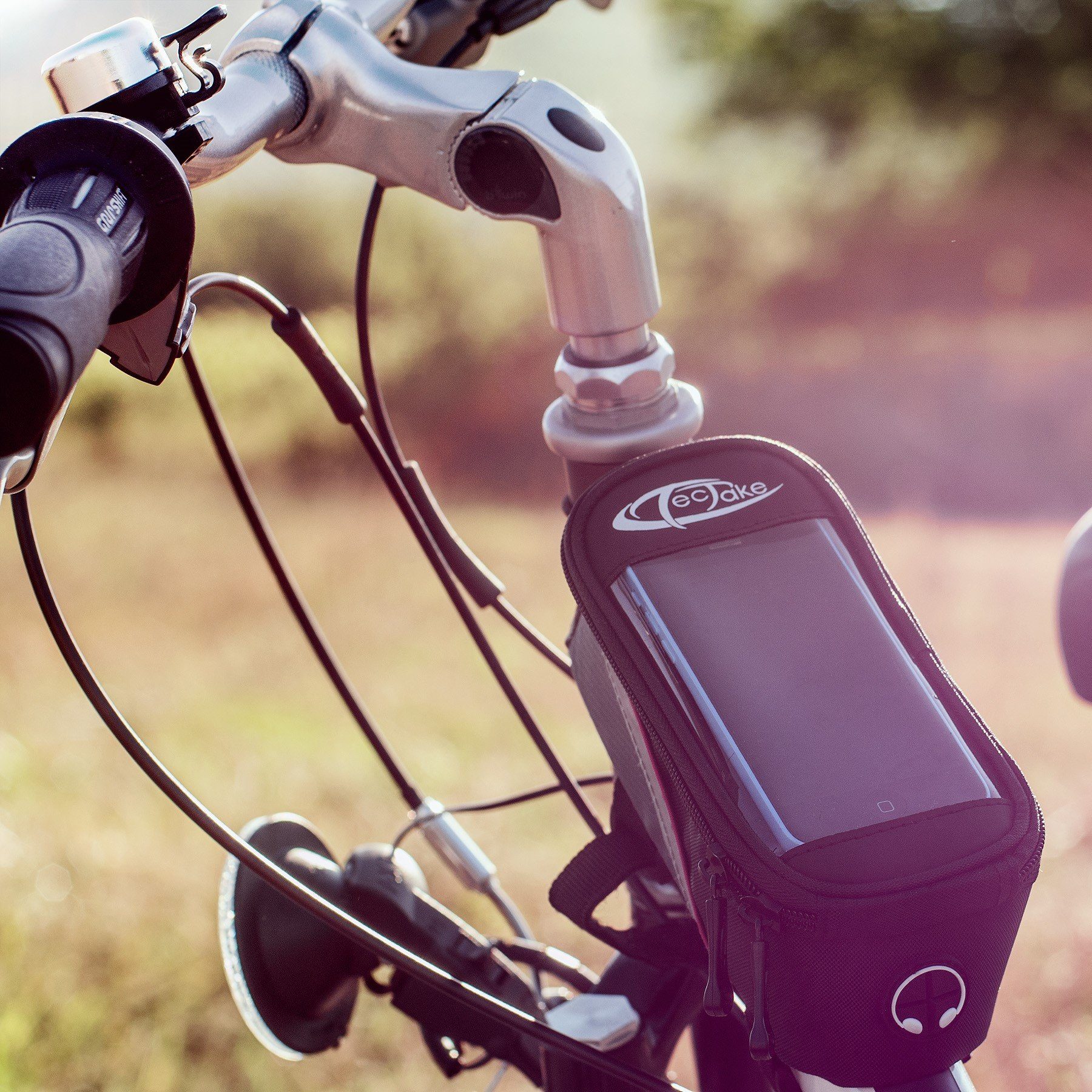 tectake Fahrradtasche Fahrradhandytasche, Zusätzliche Spannseil-Sicherung, (Gepäckträgertasche, in schwarz/grau/grün), Wasserabweisend, Handyfach mit Sichtfenster, Audio-Verlängerungskabel