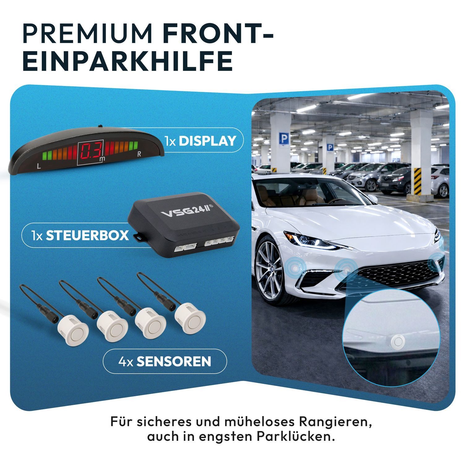 VSG24 Premium Einparkhilfe ECHO PLUS VORNE Display Parkhilfe zum nachrüsten Rückfahrkamera (Rückfahrwarner mit Display & 4 Sensoren Stecksystem Nachrüstsatz PDC)
