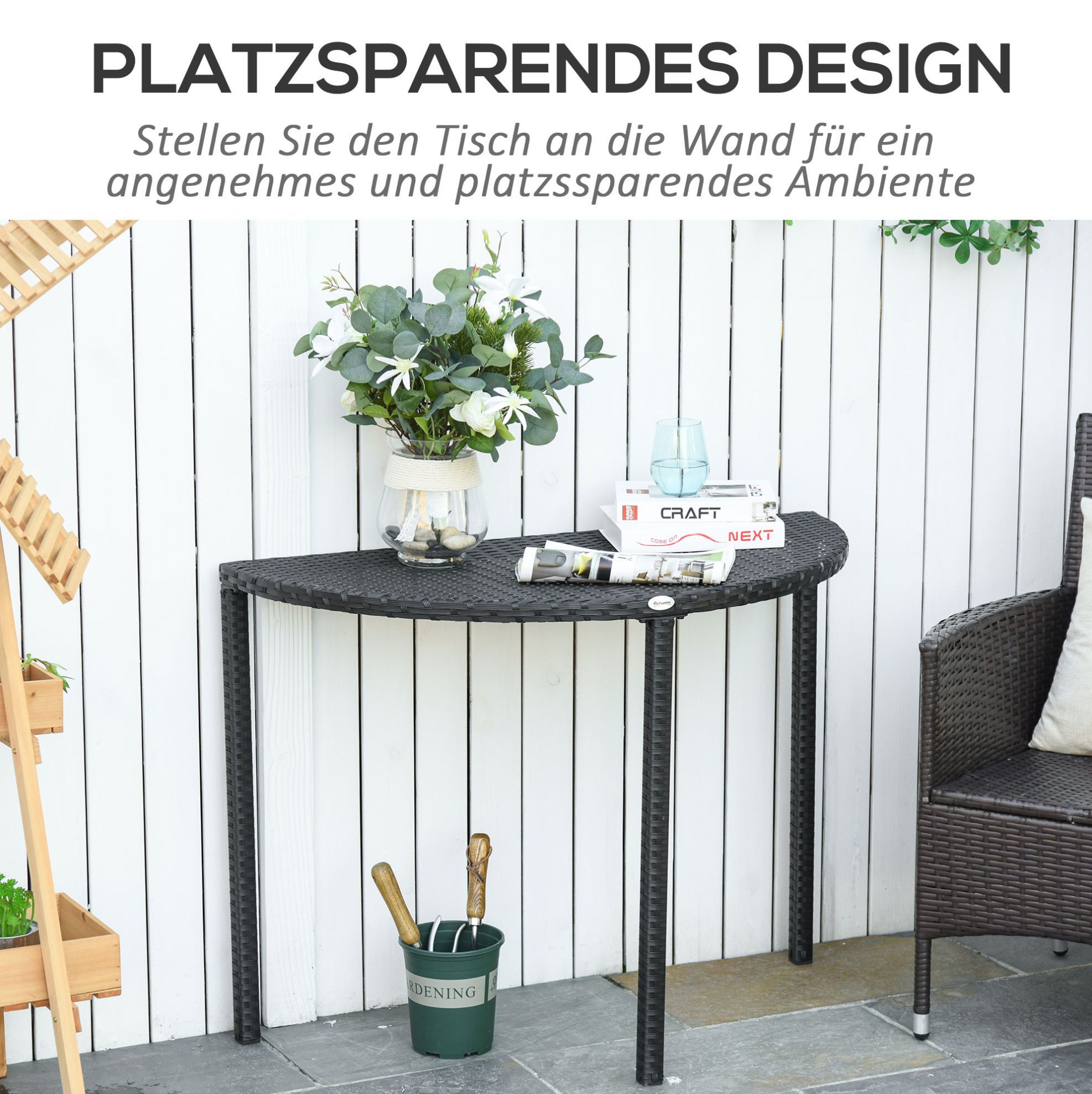 OKWISH Gartentisch Halbrunder Balkontisch 100x50x74 cm Schwarz Polyrattan Metall (Packung, 1-St., Moderner Outdoor Tisch aus Polyrattan, platzsparendes Design), Garten Beistelltisch für Balkon & Terrasse, stabile Konstruktion