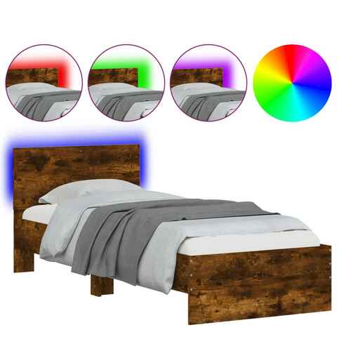vidaXL Bett Bettgestell mit Kopfteil und LED-Leuchten Räuchereiche 75x190cm