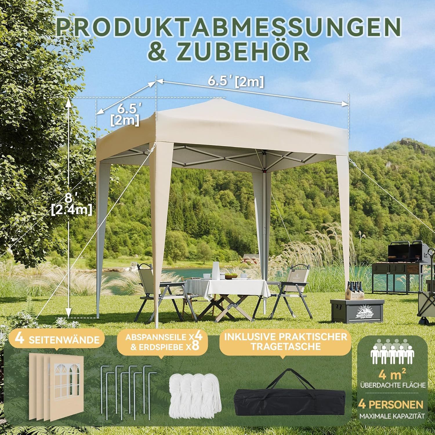 AOXUN Pavillon 2x2m Wasserdicht mit 4 Seitenwänden,Grau, für individuell anpassbare Belüftung, in drei Höhen verstellbar – Bild 2 von 5