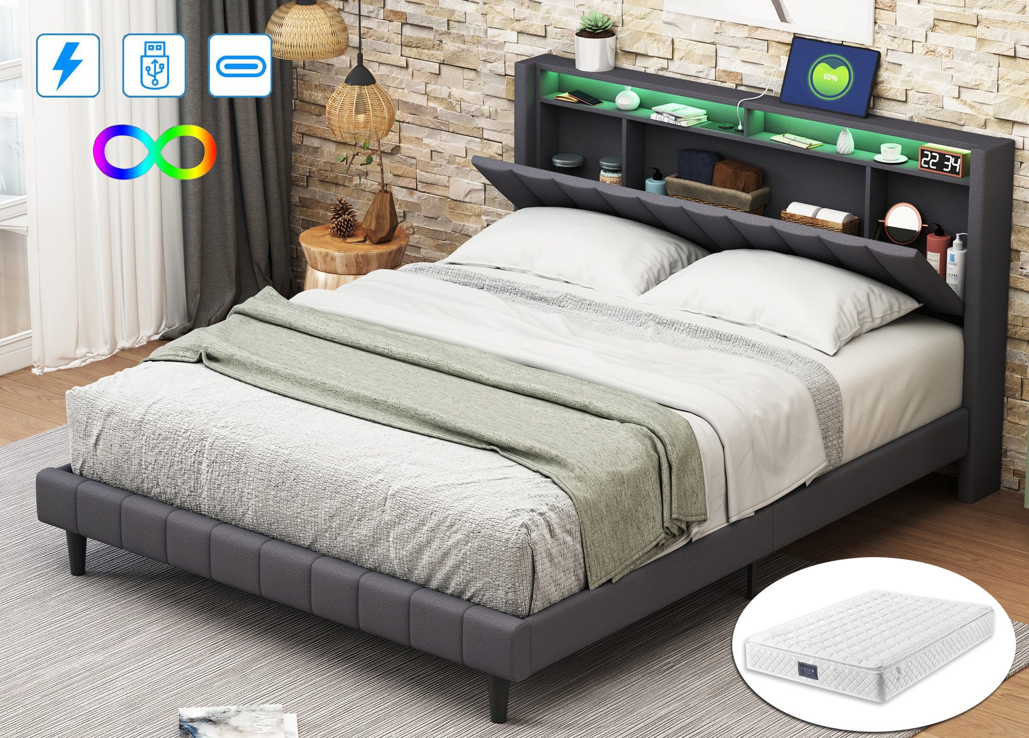 FUROKOY Polsterbett Doppelbett Stauraumbett mit LED-Beleuchtung günstig online kaufen