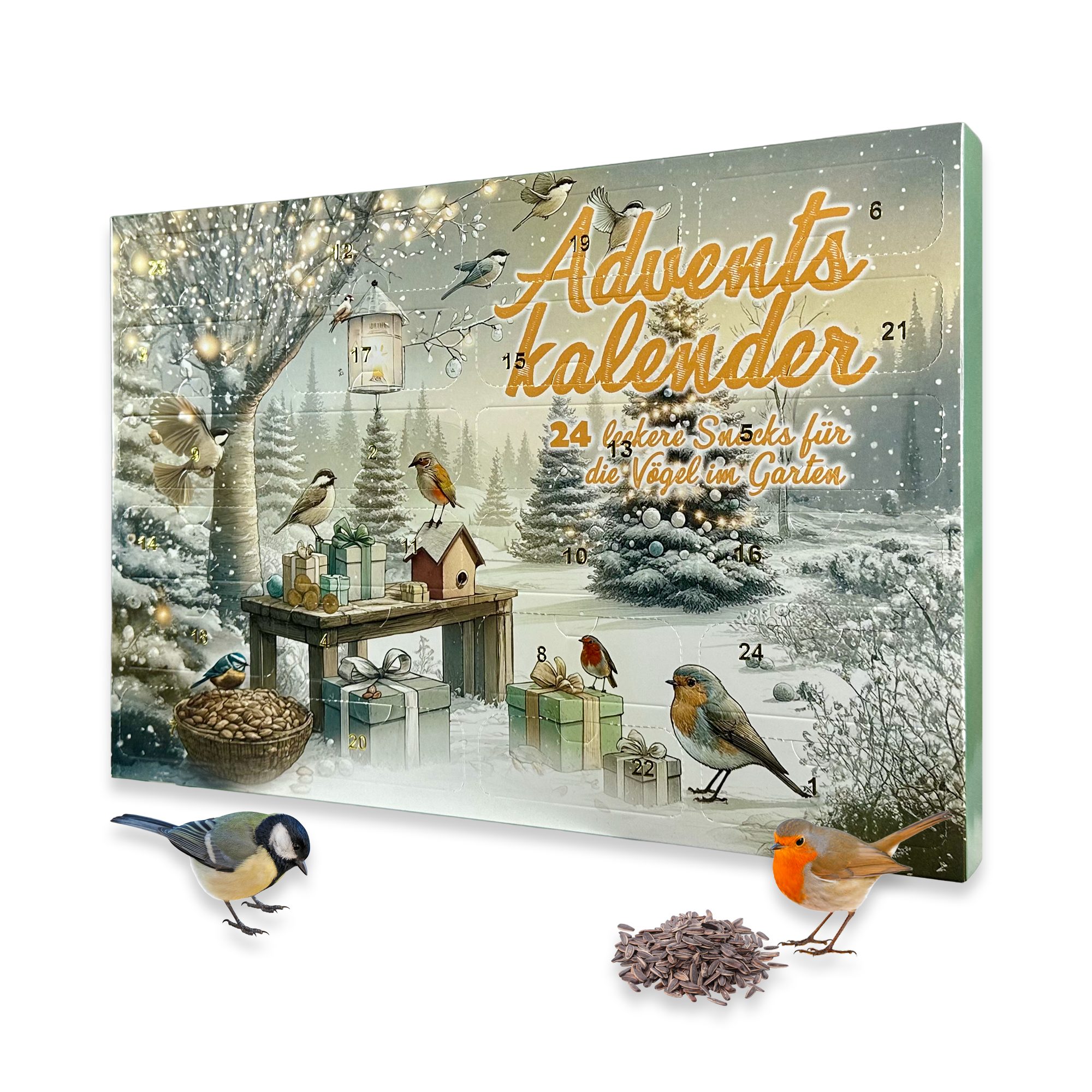 Baza House of Seeds Adventskalender Vogelfutter Weihnachtsgarten - Adventskalender 2026, Herzförmige Körnermischungen, geschälte Erdnüsse, Sonnenblumenkerne