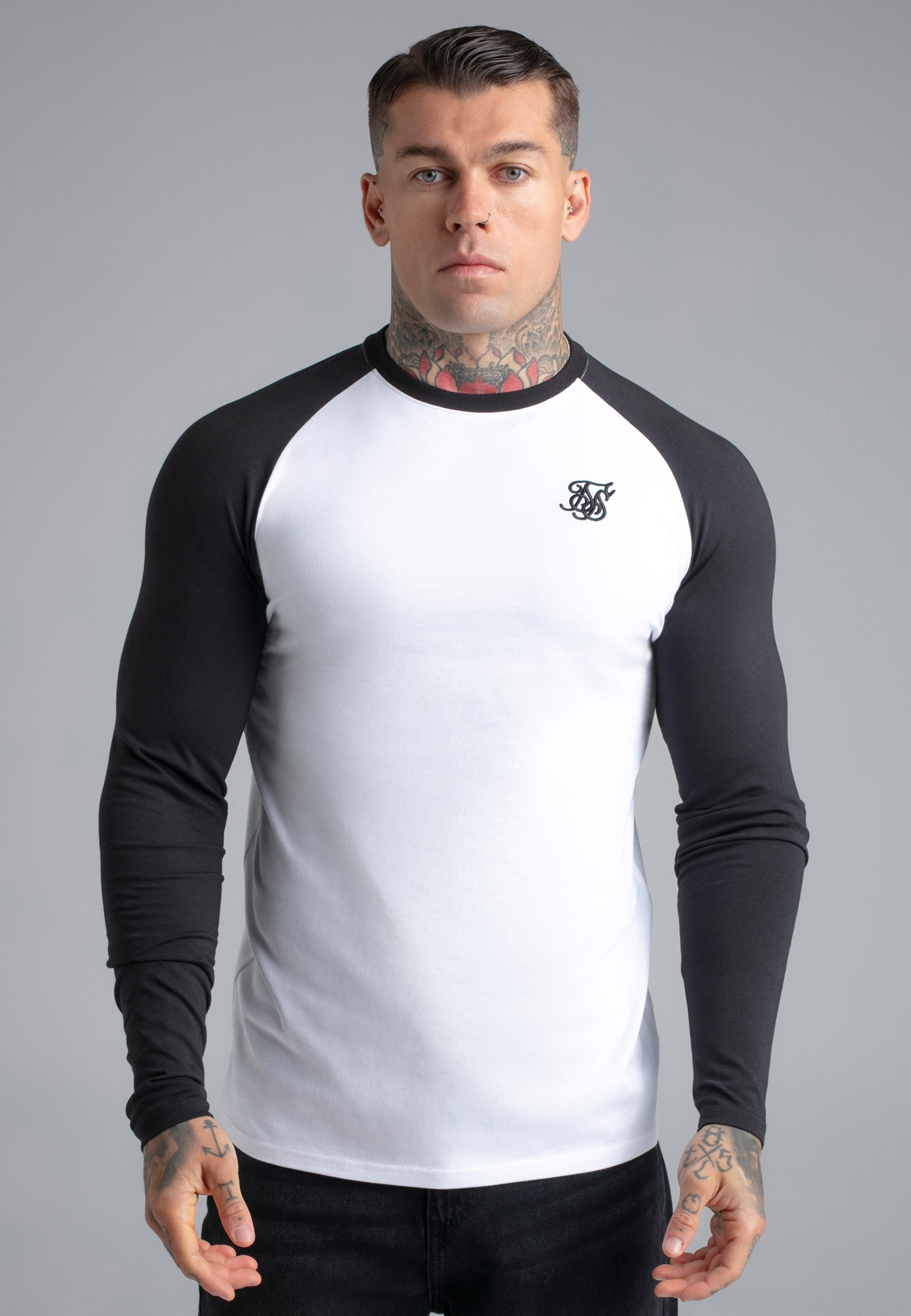 T-Shirt SikSilk Herren Weiß and Schwarz LS Muscle Fit T-Shirt